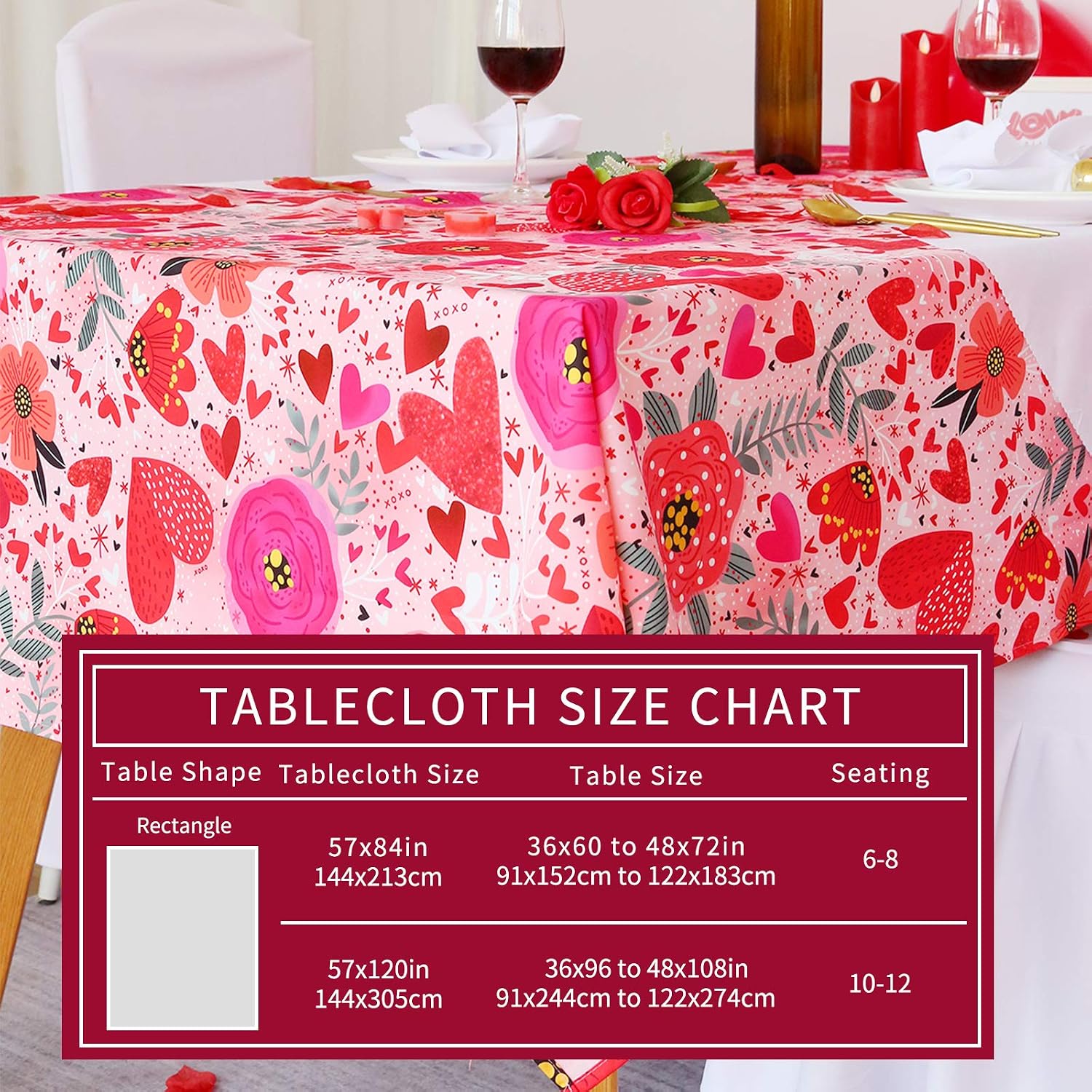 SoarDream Valentines Tablecloth Rectangle 57x102 Inches Red Heart Floral Polyester Fabric Table Cover Valentines Day Anniversary Party Table Decoration