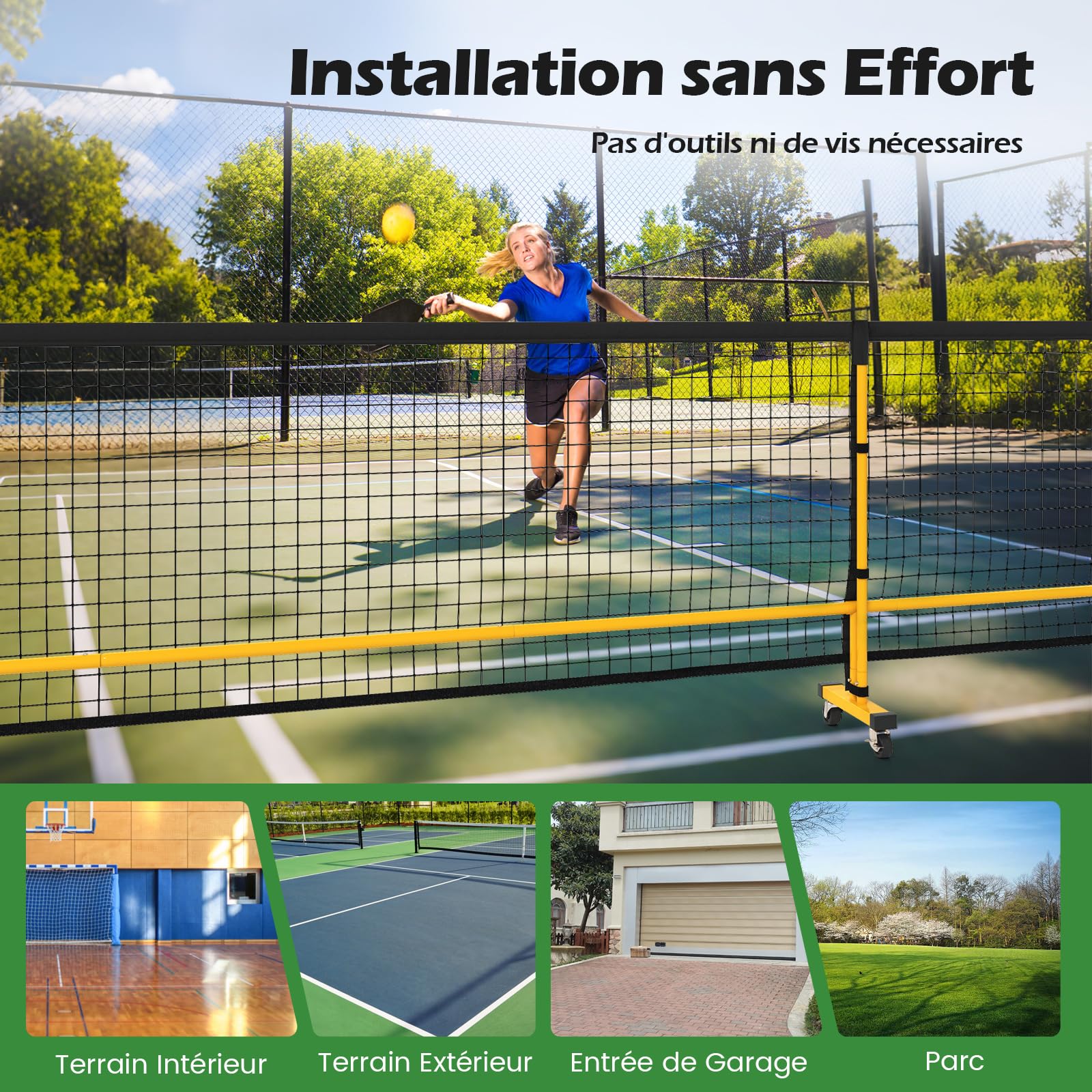COSTWAY Filet de Pickleball Portable, Filet Badminton Exterieur en PE Résistant avec Cadre Métallique Sac de Transport, pour Intérieur/Extérieur