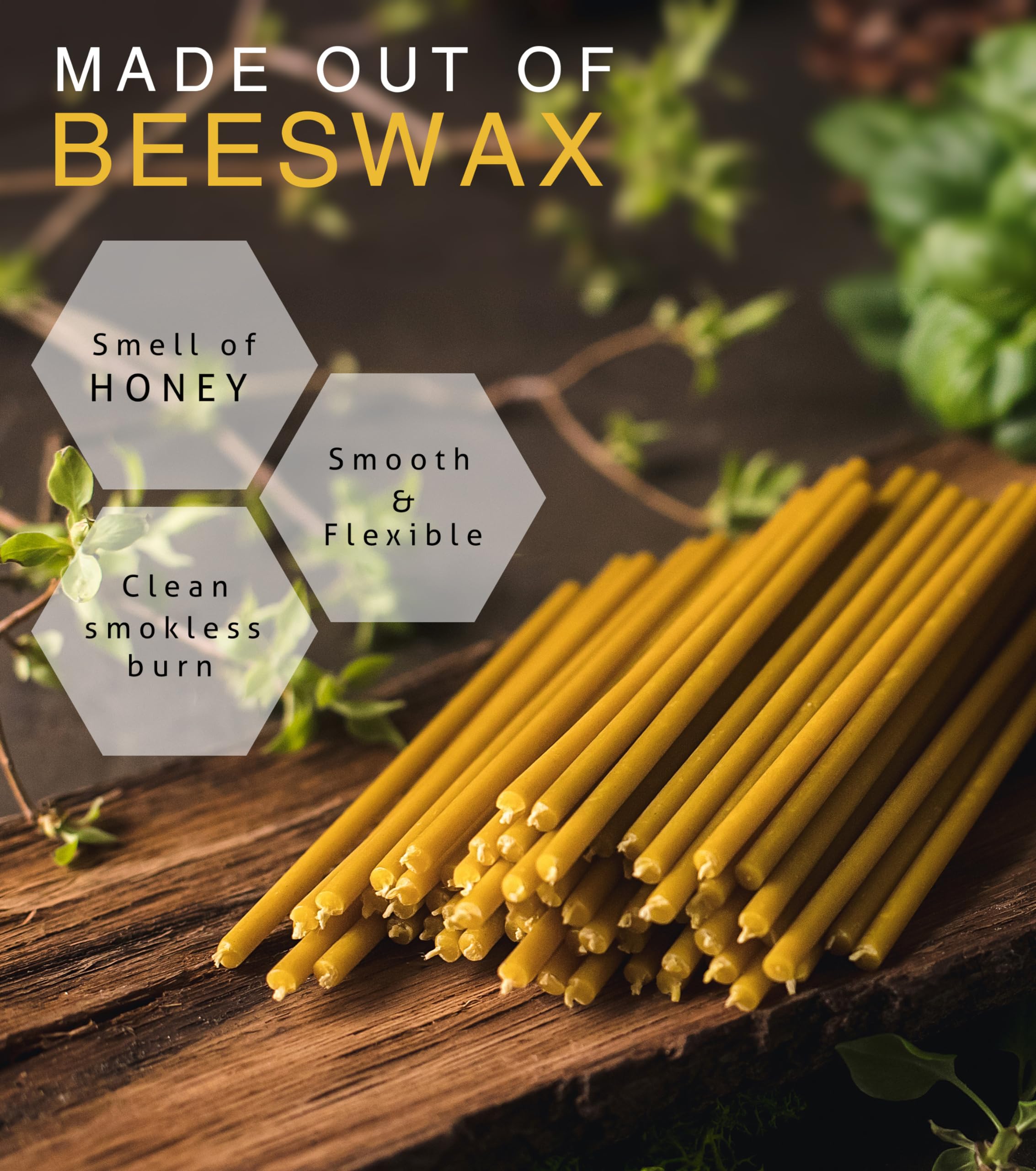 Danilovo Pure Beeswax Candles - Honey-Scented, Decorative Thin Taper Candles - Ideal for Birthday Decoration or Church Prayers - Drip Free, Tall & Smokeless Pack of 50 pcs, 8.1 x 0.26 inch