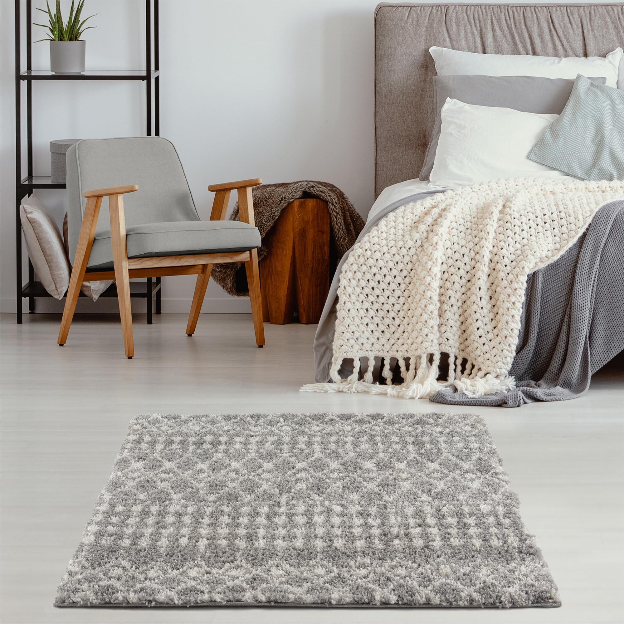 THE RUGS Modern Moroccan Design Living Room and Bedroom Rugs, Non-Shedding & Easy Care (Moroccan Grey/Ivory, 120 cm Square) - Image 4