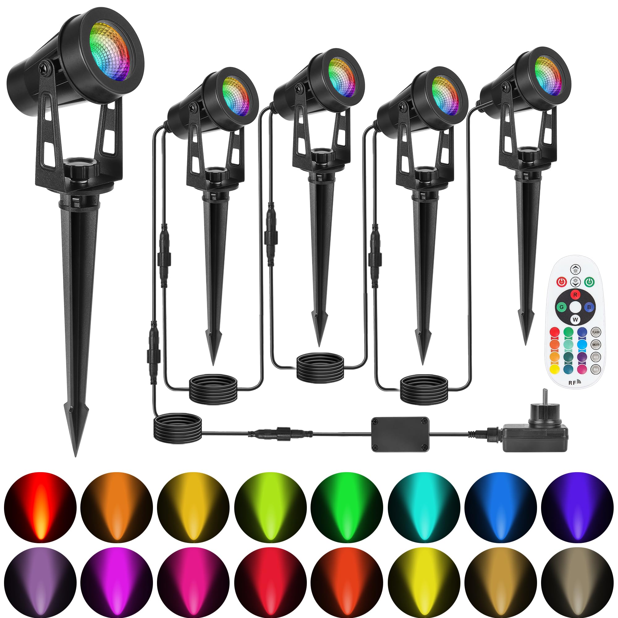 Illuminazione da giardino a LED RGB, 14 m, 12 W, set da 4 faretti da giardino con picchetto, IP65, impermeabile, per esterni, per giardino, cortile, feste, alberi, giardino, cavo spina, faretto