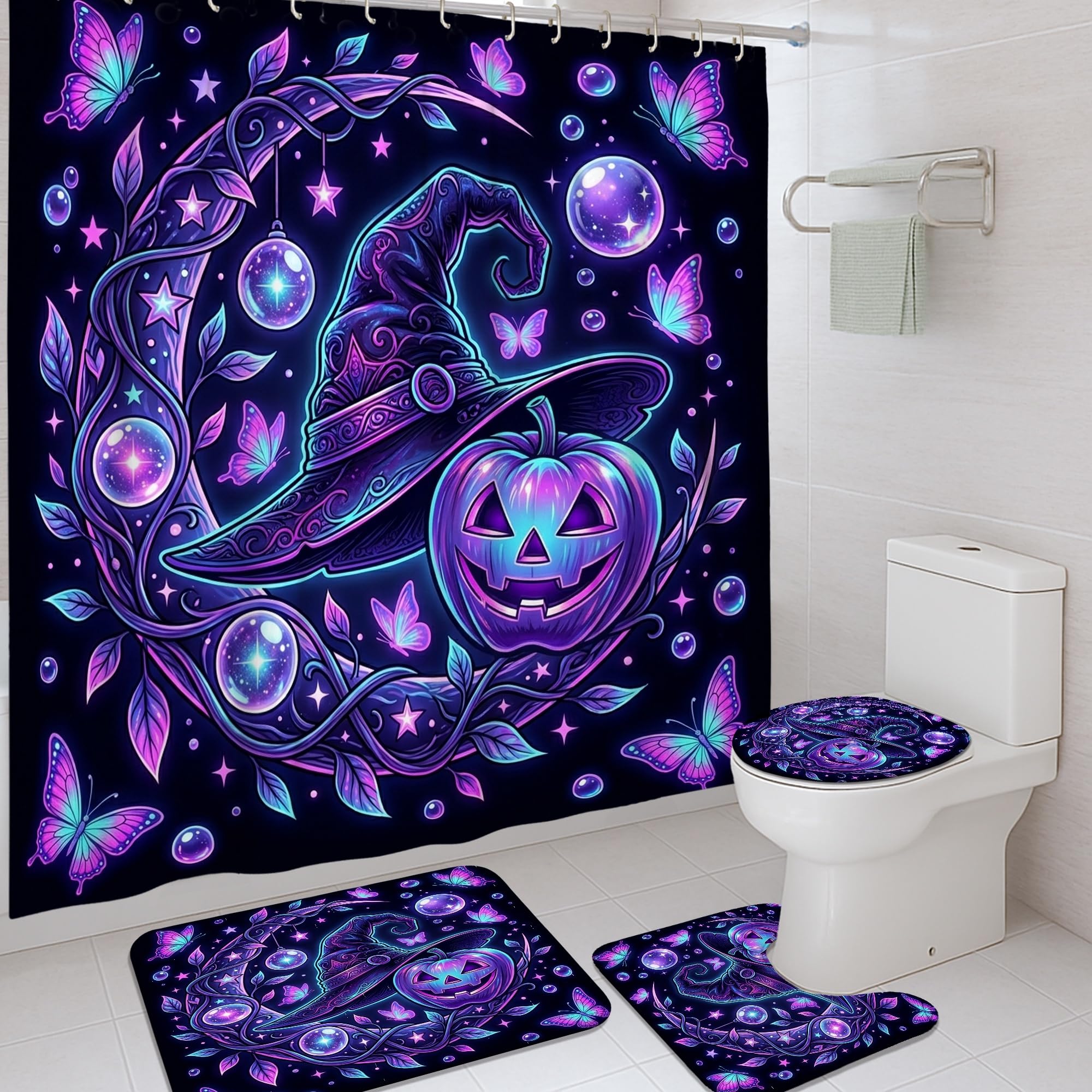 Rideau de douche Halloween violet 183x183 cm avec tapis de bain et motif citrouilles