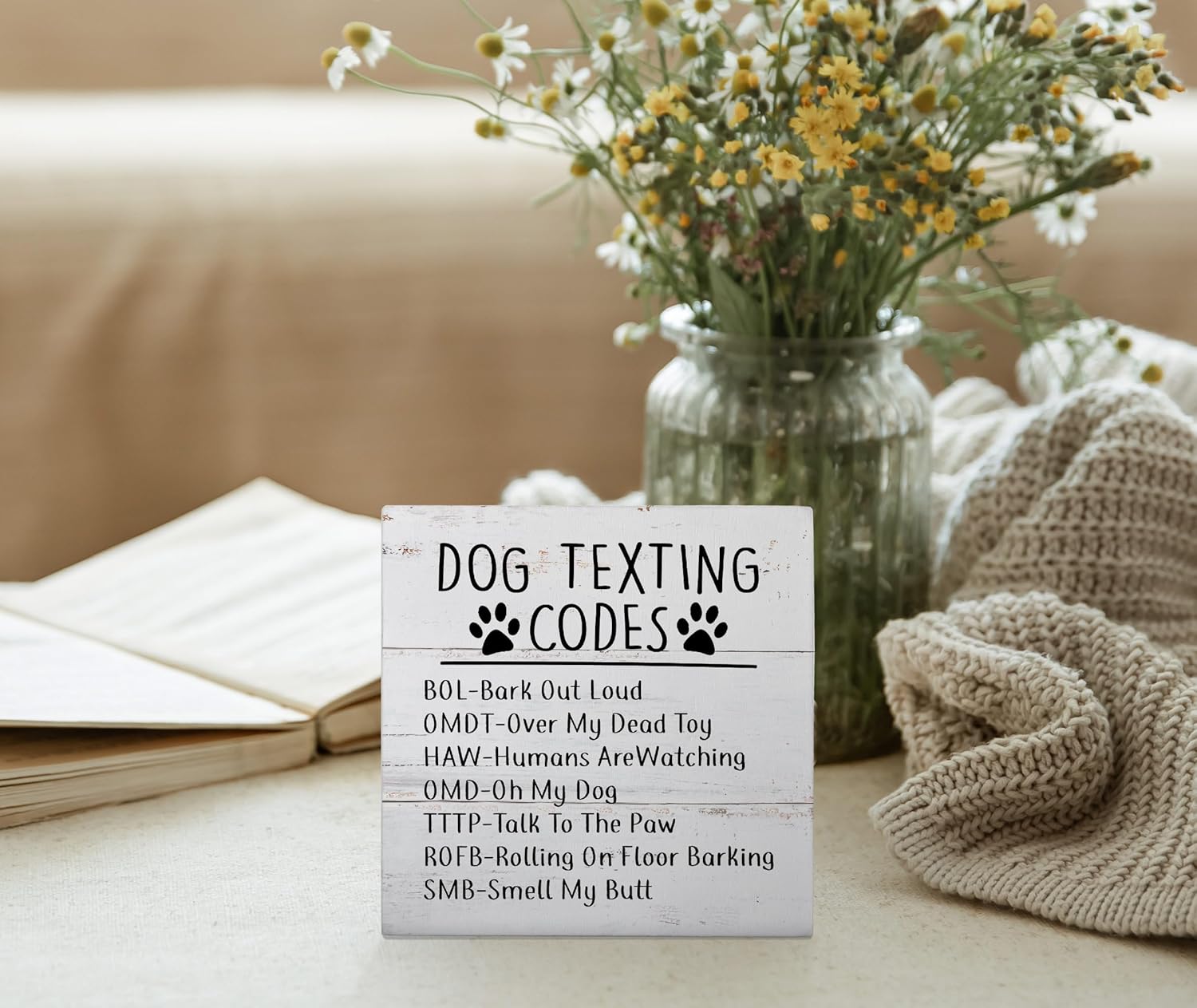 Mtrgdn Dog Texting Codes Rustic Dog Wood Box Sign Desk Decor Funny Dogs Paw Print Wooden Box Block Sign Decorations for Home Wall Tabletop Desk Decor Dogs Lover Gifts - Image 2