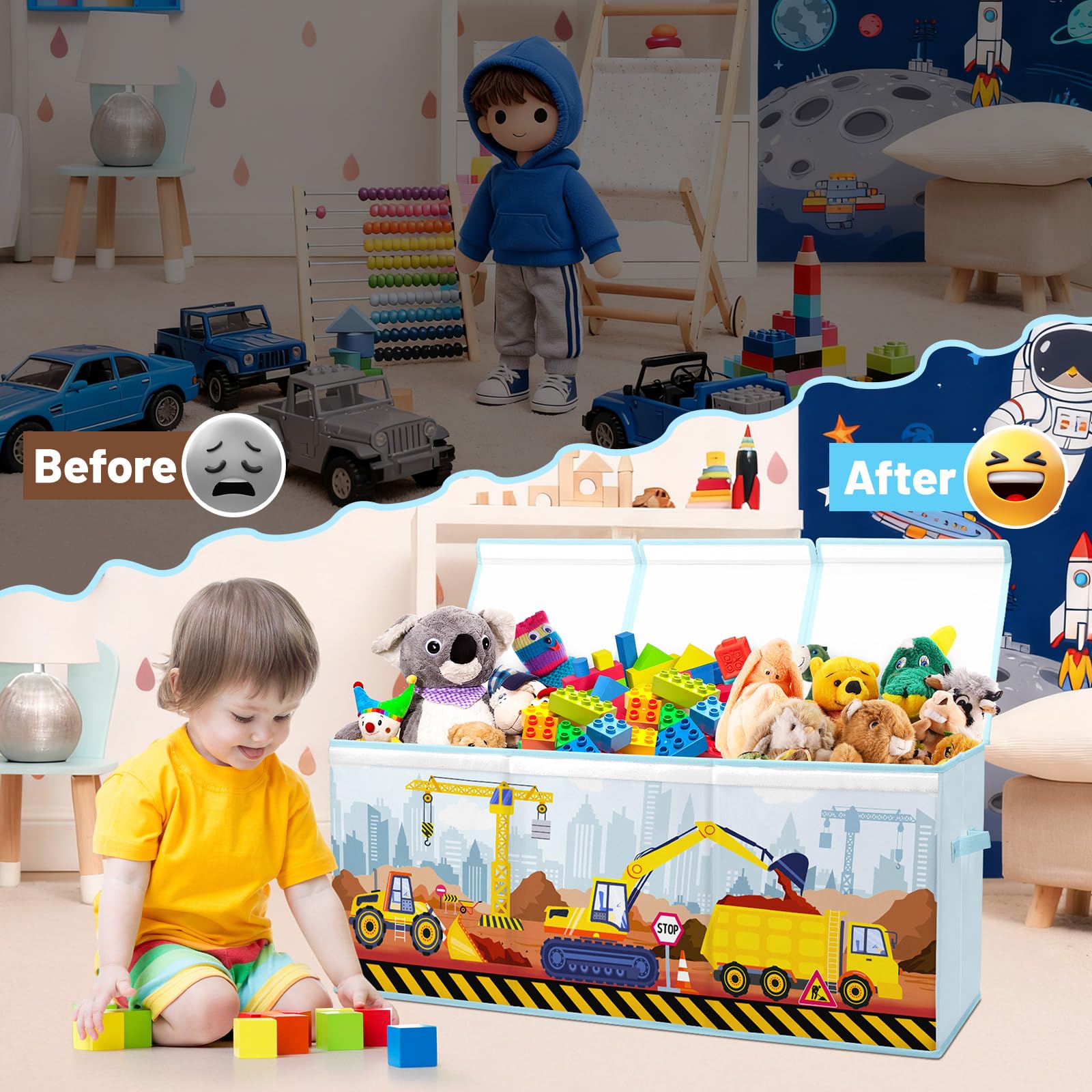 Extra Groß Aufbewahrungsbox, Faltbare Spielzeugkiste mit Deckel&Griff, Oxford spielzeug aufbewahrung für Kinder,Mädchen und Jungen,Spielzeugbox im Kinderzimmer,96×32×40 cm,Baumaschine
