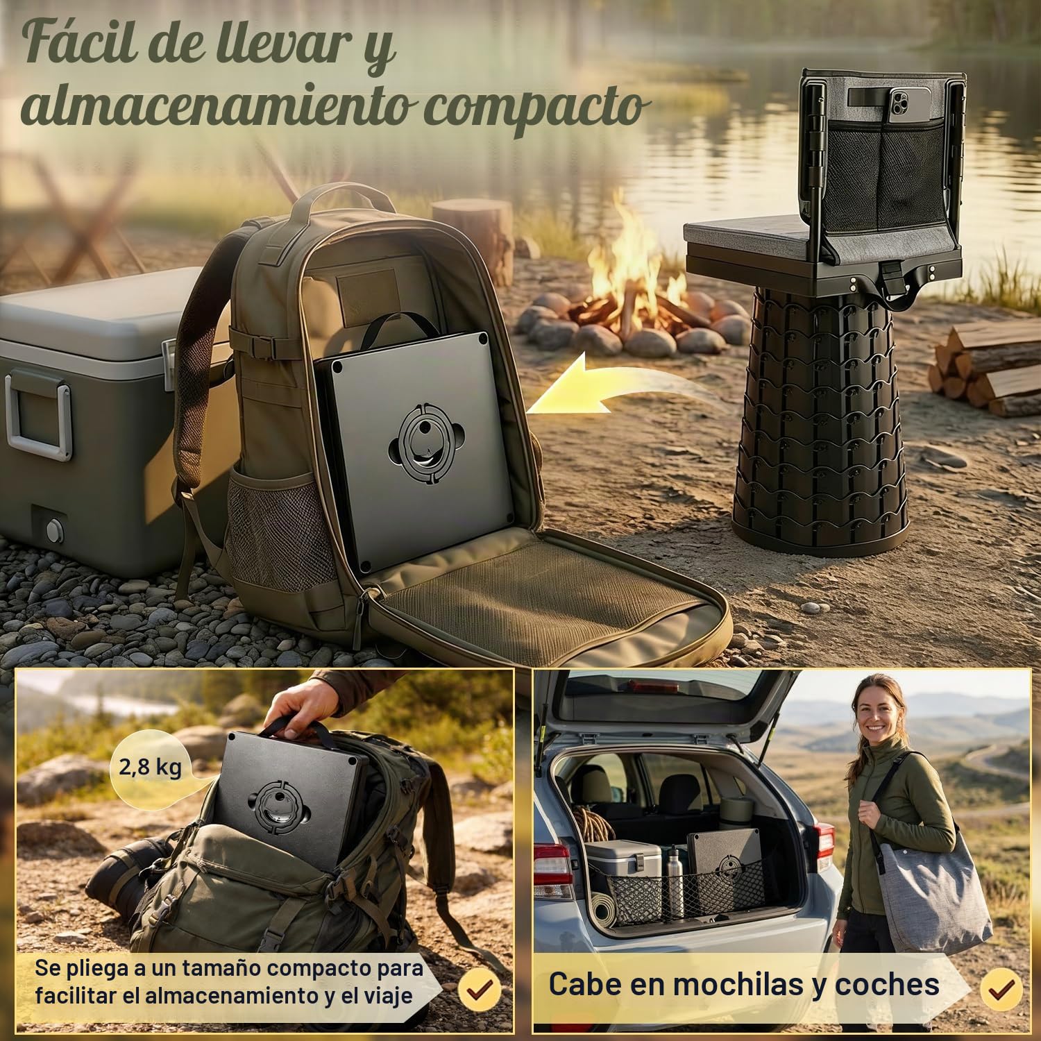 Taburete telescópico Mejorado con Respaldo y cojín Extra Grueso,Silla Plegable portátil Cuadrada para Exteriores,Taburete Plegable de 50 cm para Adultos Camping Pesca Senderismo Viajes BBQ