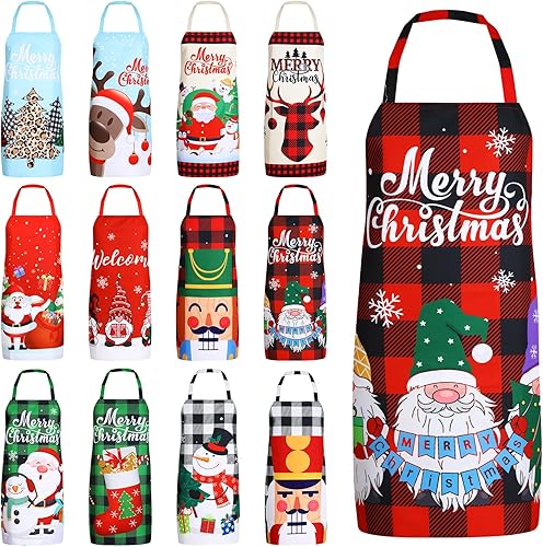 Suhine Paquete de 12 delantales de Navidad a granel, color rojo y negro, delantales divertidos de Navidad, delantales navideños para cocinar y