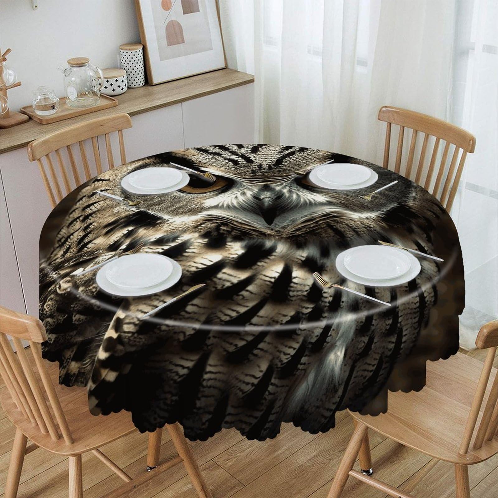 VstaDank an Owl Round Tablecloth 60 Inch Easy to Clean Circle Table Cover Thick Decorative Round Polyester Table Cloth for Dining Kitchen Party Farmhouse Outdoor