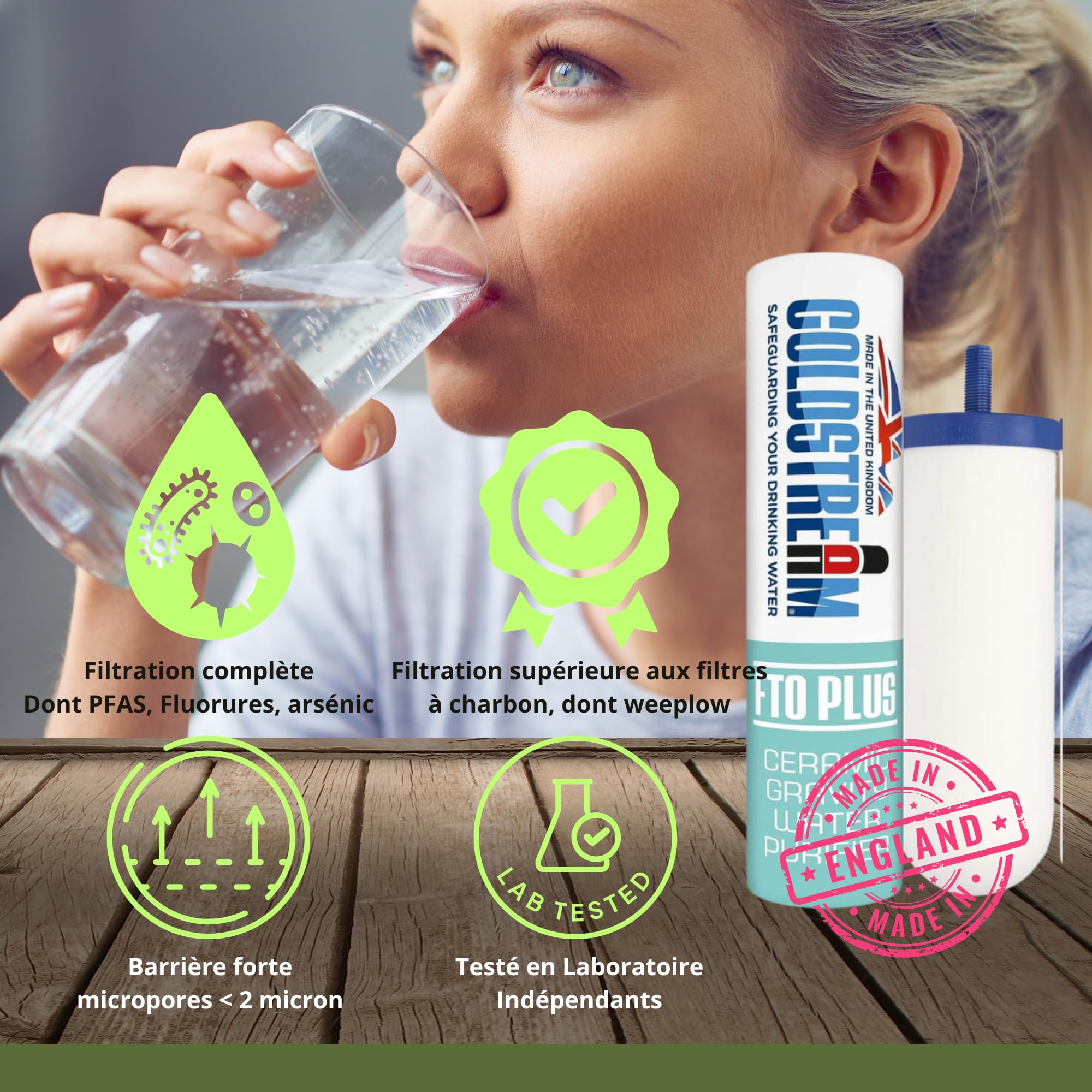 water filters Big 8.5 litres - système de filtration d'eau par gravité, avec 2 cartouches filtrantes FTO+ coldstream certification NSF/ANSI, robinet100% inox.