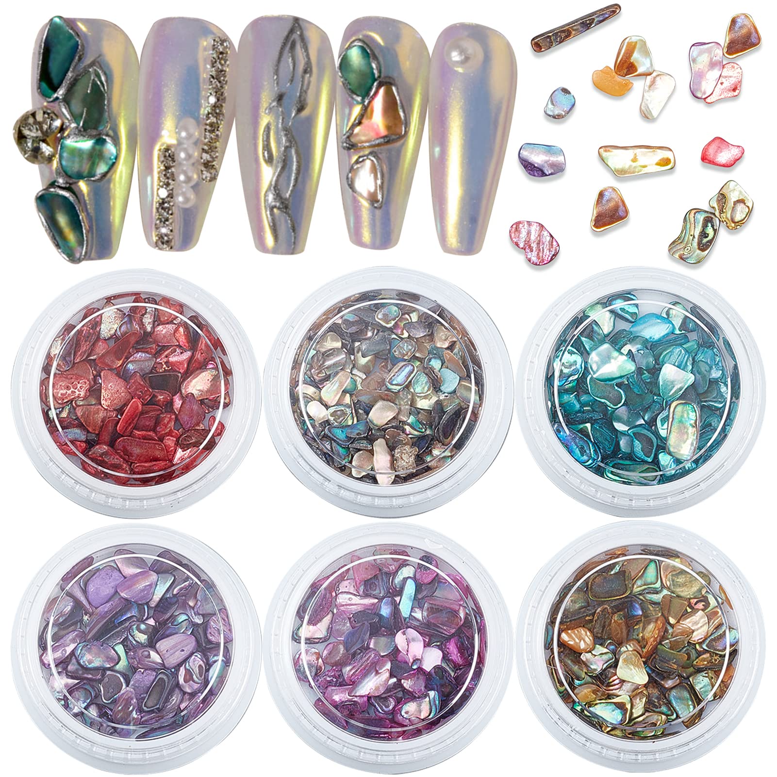 NICENEEDED 6 Boîtes Nail Art Shell Tranches, Tranches de Paillettes D'Art D'Ongle de Coquillage Coloré 3D pour Fournitures D'Art D'Ongle, Coquillage Irrégulier pour les Décorations Nail Art