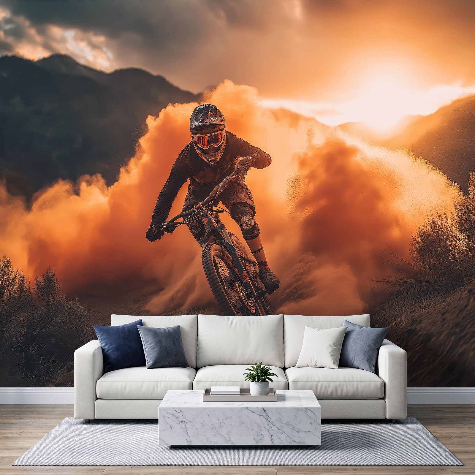 Extreme Sports Photography Wall Mural 150x105cm, Mountain Biker Sunset Sunlight Boys Room Non-Woven Fleece Photo Wallpaper, Premium Art Print - Mural Wallpaper Decoration for Bedroom Living Roo