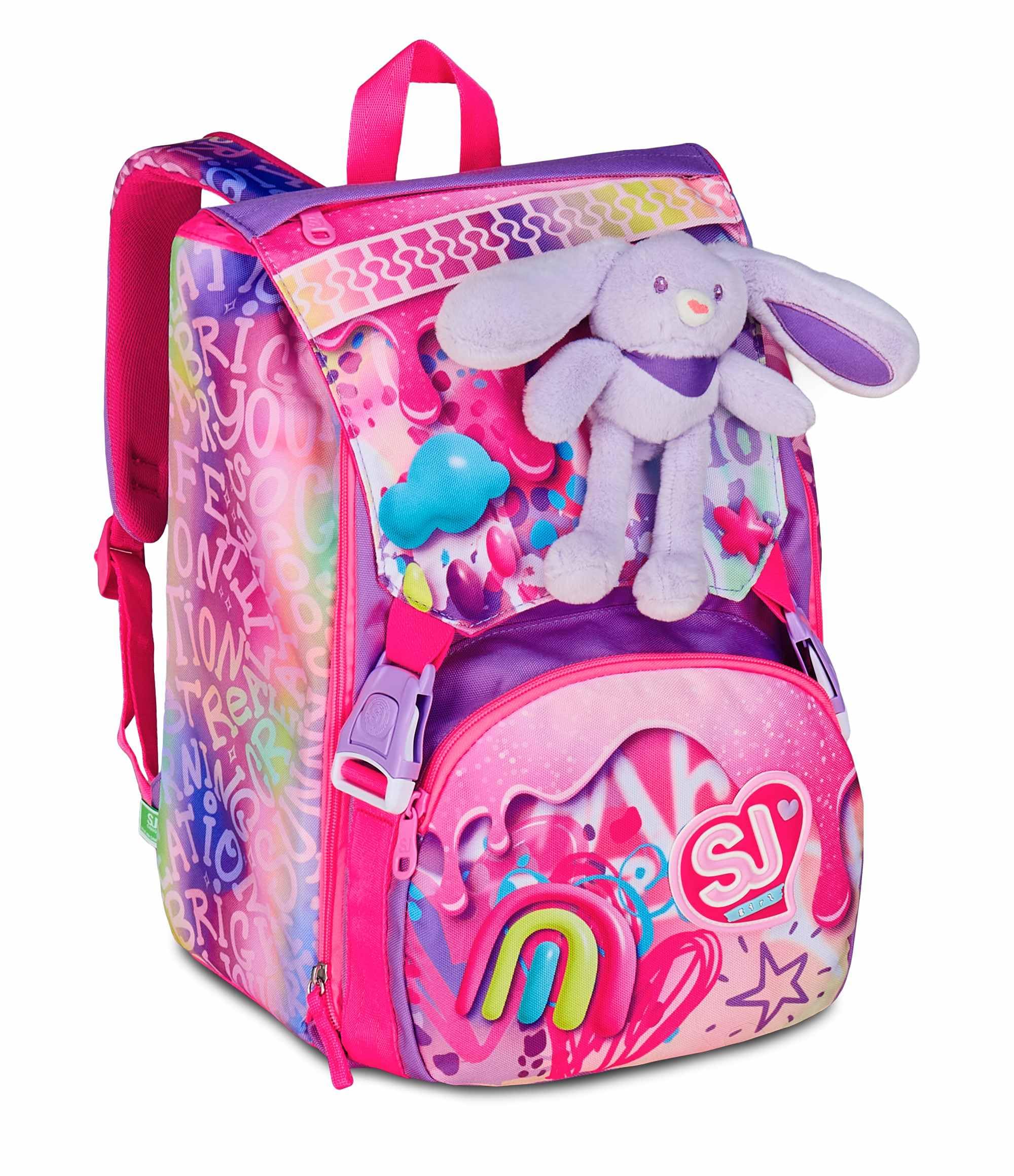 SJ GANG STYLE JAM GANG Zaino Scuola Estensibile Big, Fucsia, Zaino con Divisorio Interno, Tasca per Borraccia, Peluche Coniglietto Abbinato, 24 L, Zaino Scuola Elementare, Zaino Bambina