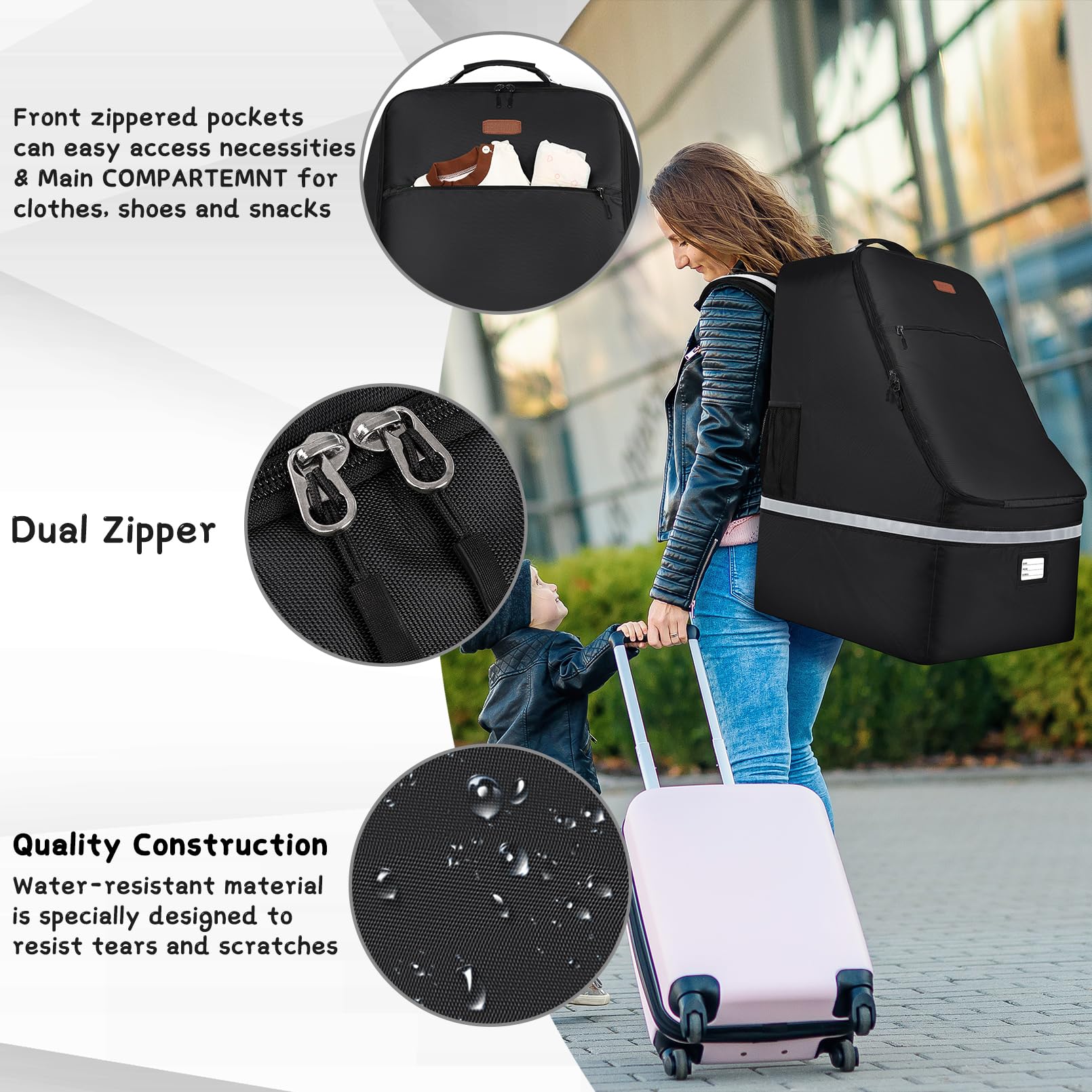 Autositz-Reisetasche, gepolsterter Autositz-Rucksack mit Stahlseilgriff und reflektierenden Streifen, große, strapazierfähige Autositz-Tragetasche, Flughafentor, Karomuster, Kindersitz-Reisetasche mit