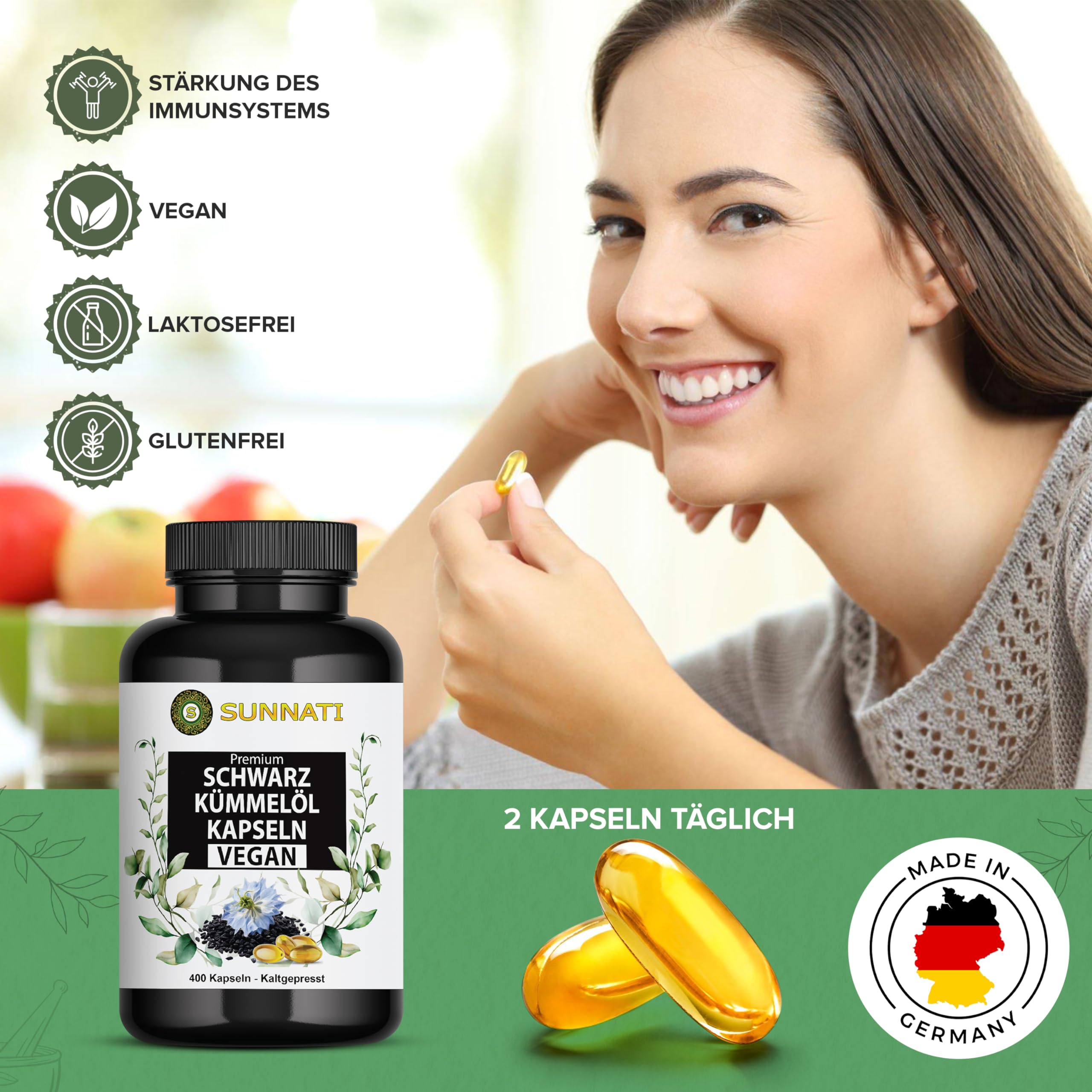 Schwarzkümmelöl - 400 Kapseln VEGAN - 1000 mg Tagesdosis hochdosiert - Kaltgepresst, Ägyptisch, mit Vitamin E, von Sunnati - In Deutschland hergestellt