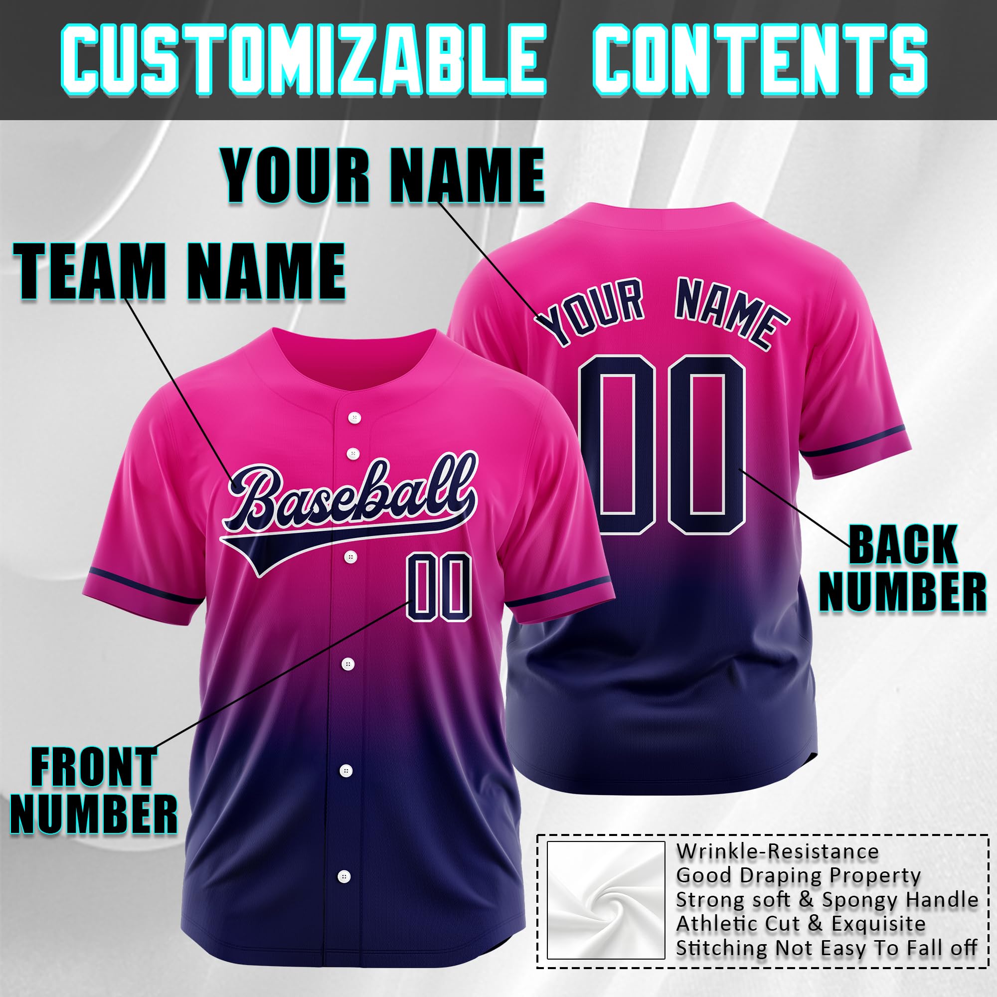 Custom Gradient Baseball Jersey Baseball Shirt Uniform Personalized Printed Stitched Names Numbers Logo for Men Women Boys
