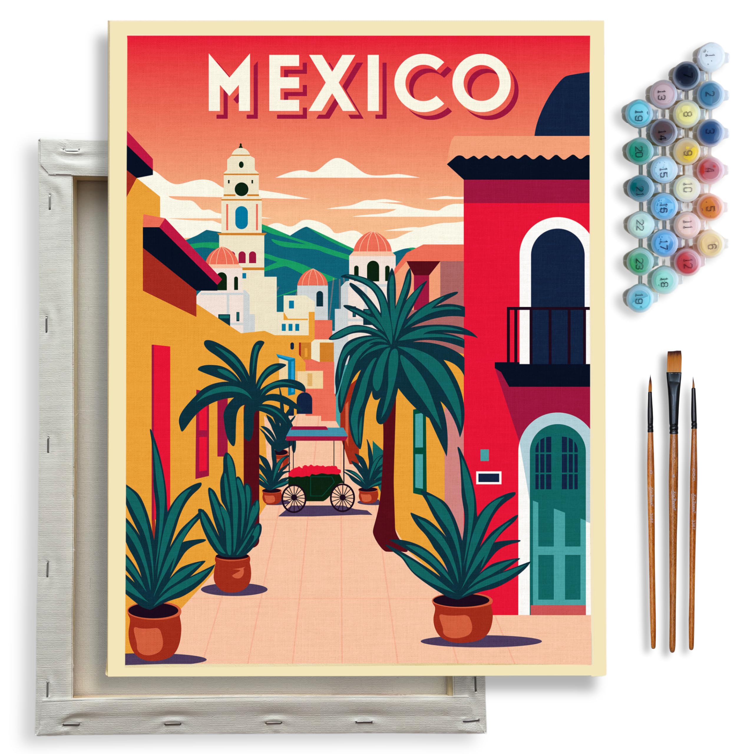 DIY Paint by Numbers Kit for Adults Canvas with Frame - 12" x 16" Country Painting with 3 Premium Paint Brushes, Acrylic Paint, Art Craft Kit, Beginner, Easy Home Decor (Mexico)