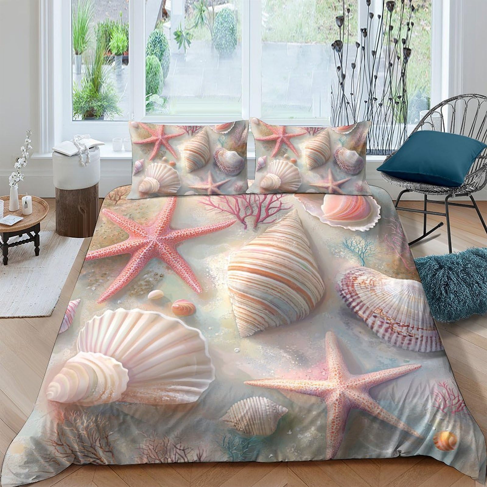 GPLZQXKJNH 3D Printed Seashell Starfish Duvet Cover Microfiber Soft Breathable Bedding Set with 2 Pillowcases for Bedroom Decor Single（135x200cm）