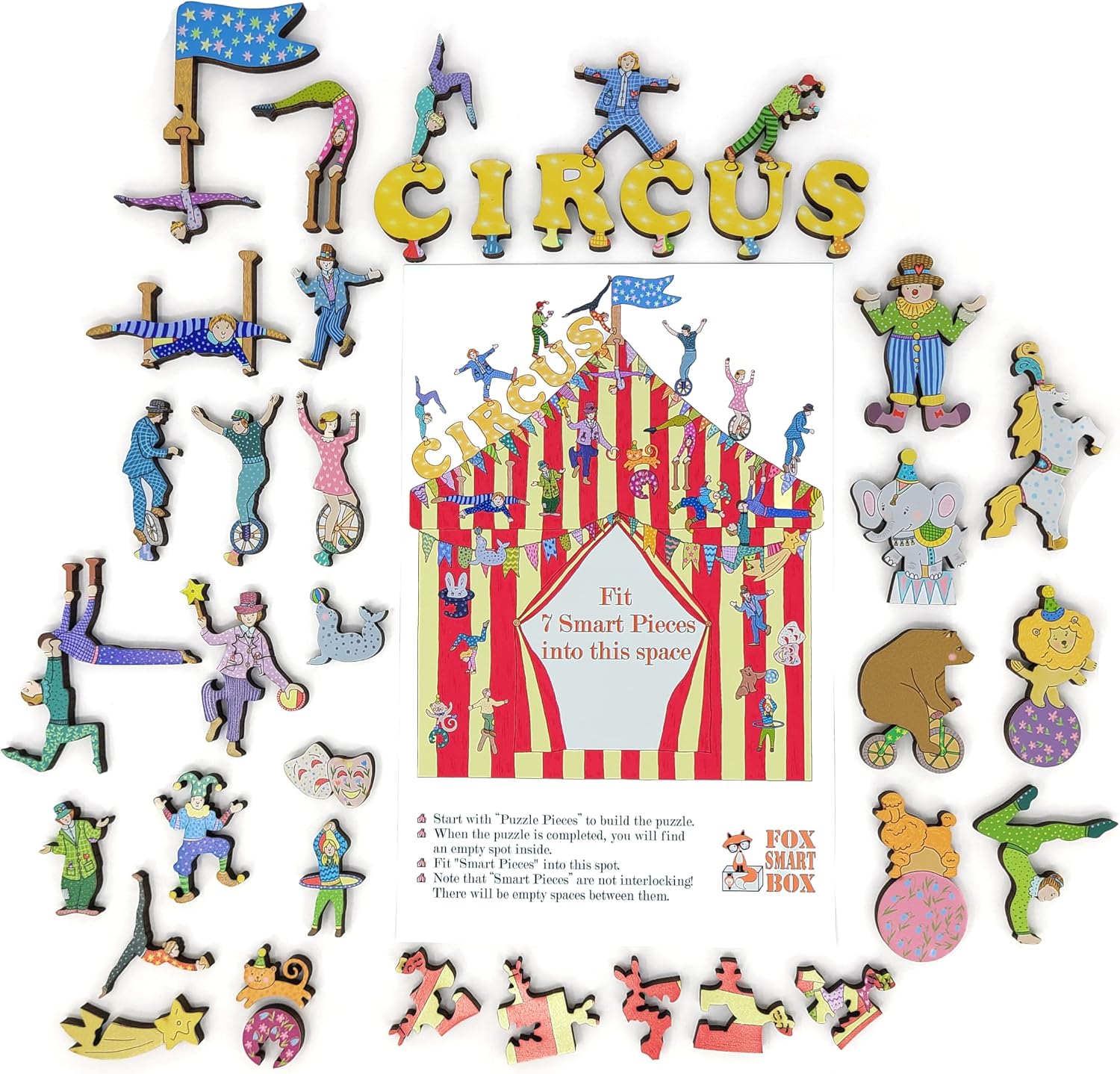 Wooden Puzzle for Adults - Smart Puzzle with Smart Pieces - Made in The USA by FoxSmartBox - 152 Puzzle Pieces + 7 Smart Pieces - Circus