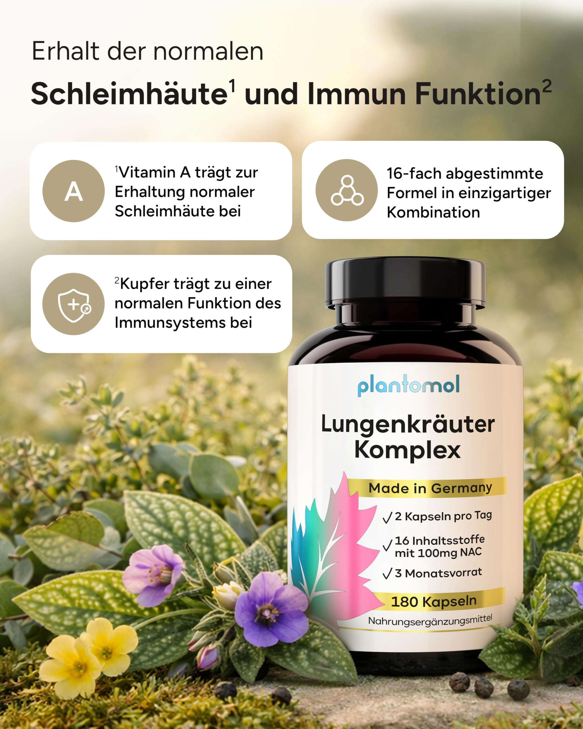 16-fach Komplex! 180 Lungenkraut Kapseln hochdosiert mit Lungwort Malvenblättern Thymian Primelwurzel Eukalyptus & Salbeiblättern
