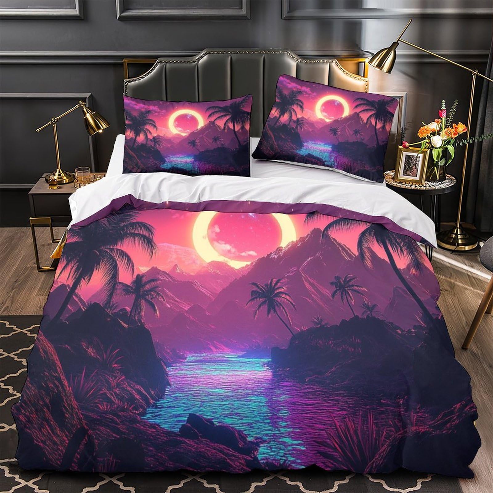 Housse de couette coucher de soleil 3D entretien facile en microfibre legere 2 taies