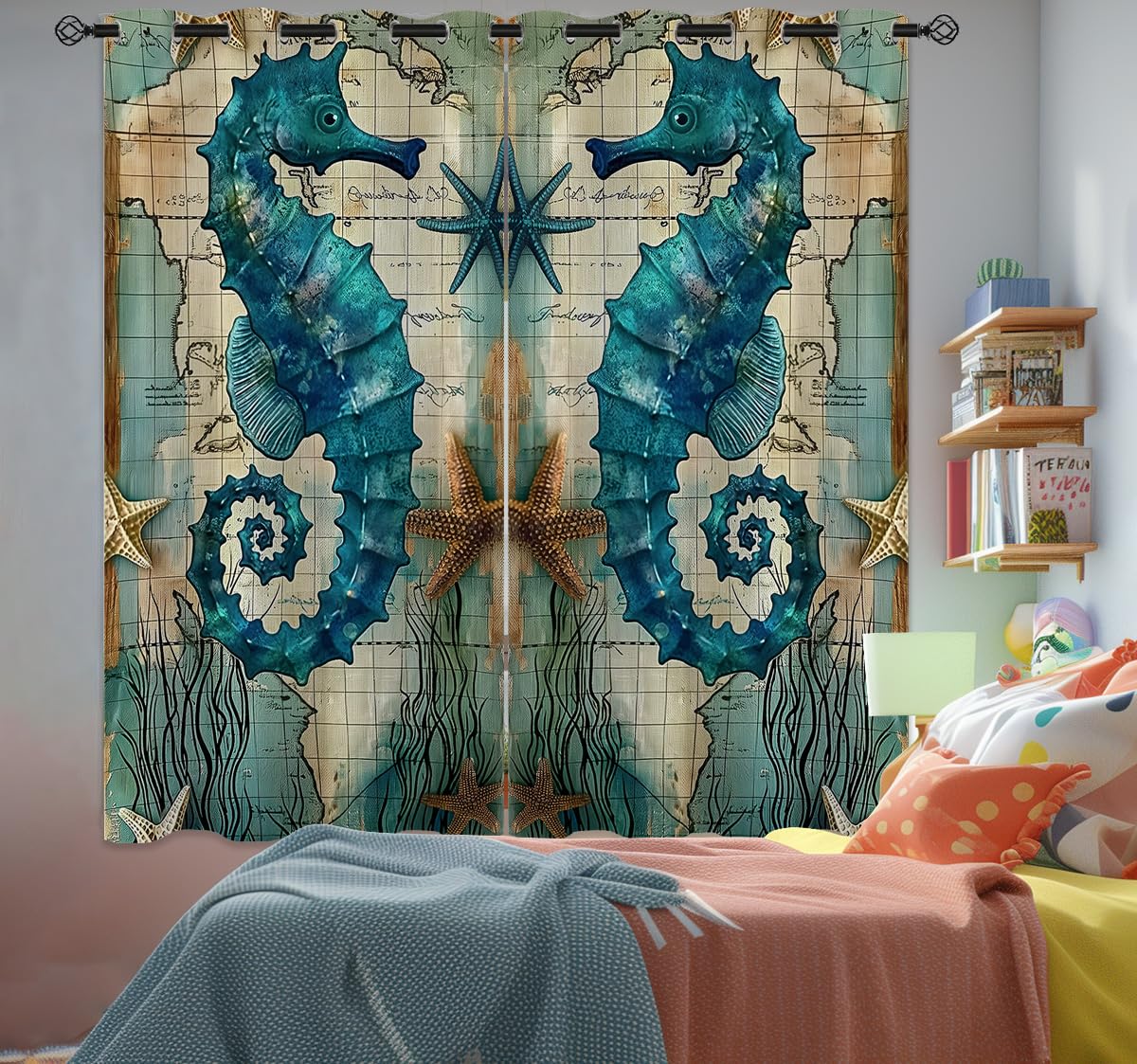 Seahorse Blackout Curtains for Girls Boys Kids Home Decor, Ocean Nautical Beach Sea Animal Coral Reef Grommet Thermal Insulated Drapes Darkening Window Curtain for Bedroom Living Room, 42 x 63 Inch