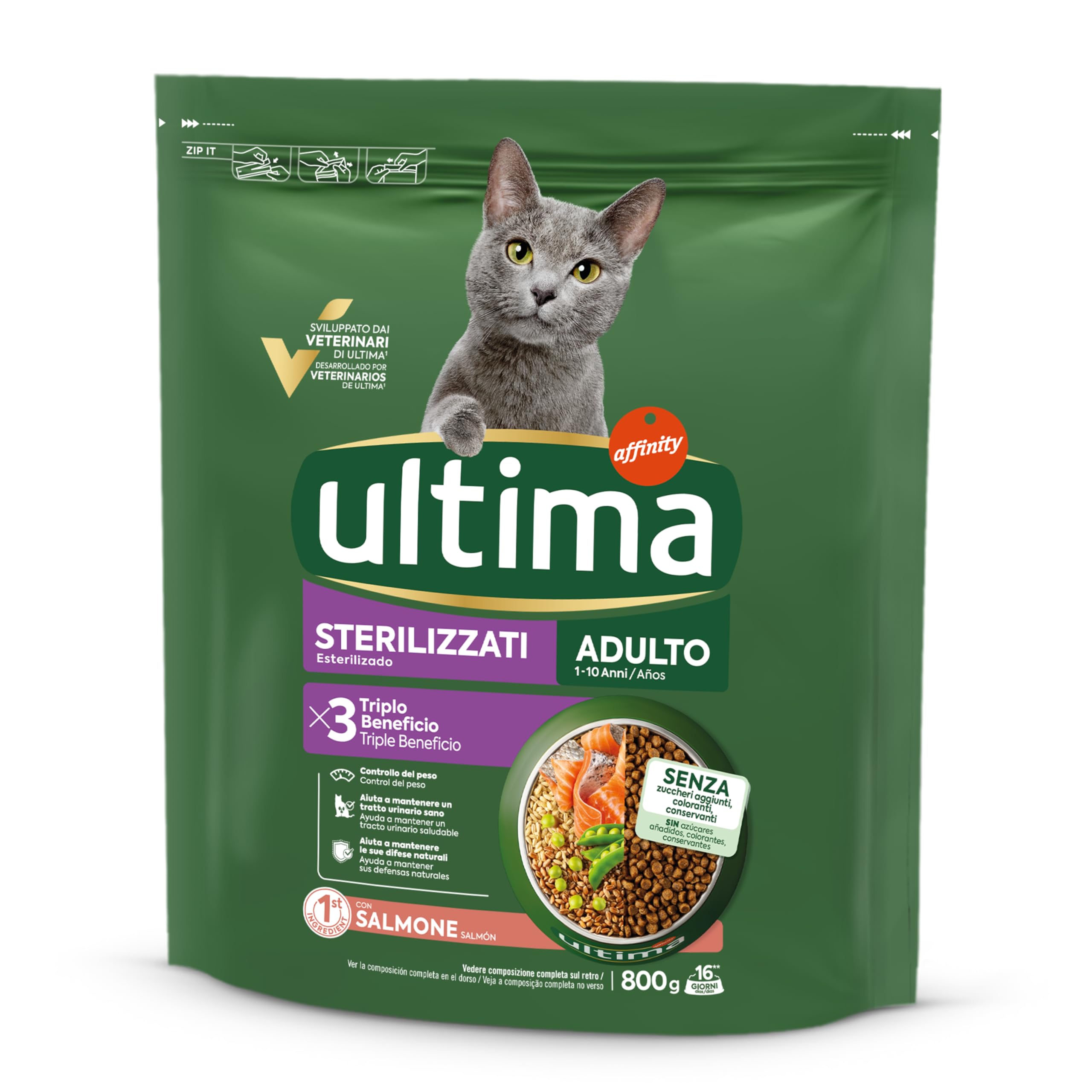Ultima Sterylizowany dorosły łososiowy, sucha karma dla kotów, opakowanie 8 x 800 g, łącznie 6,4 kg