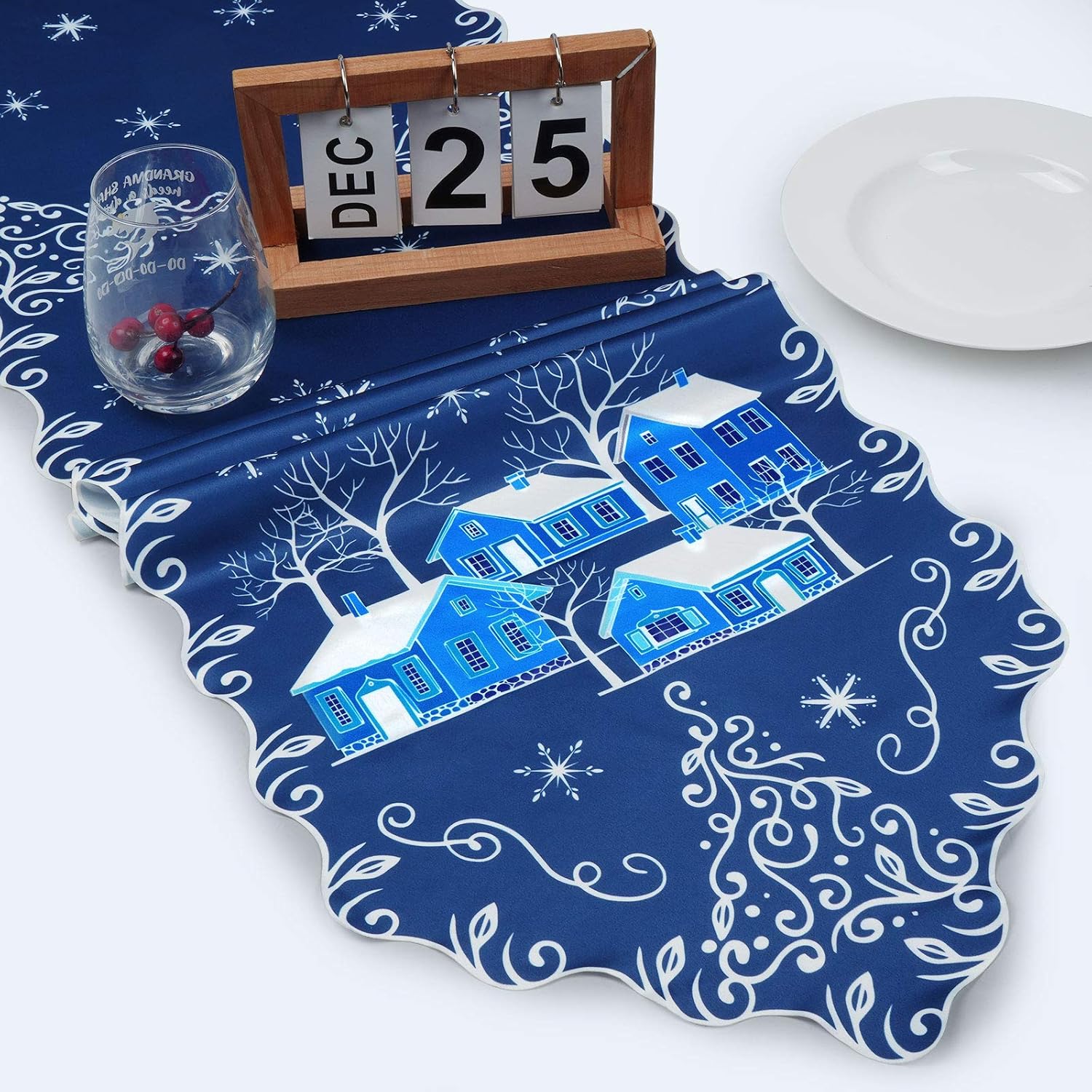 Greatest Product Alishomtll Merry Christmas Table Runner, Xmas Navy Blue Table Runner with Floral Border, A Silent Village in Snow Winter Table Runner for Xmas Decoration, Dinner Parties, Gift, 14 x 70 inches
