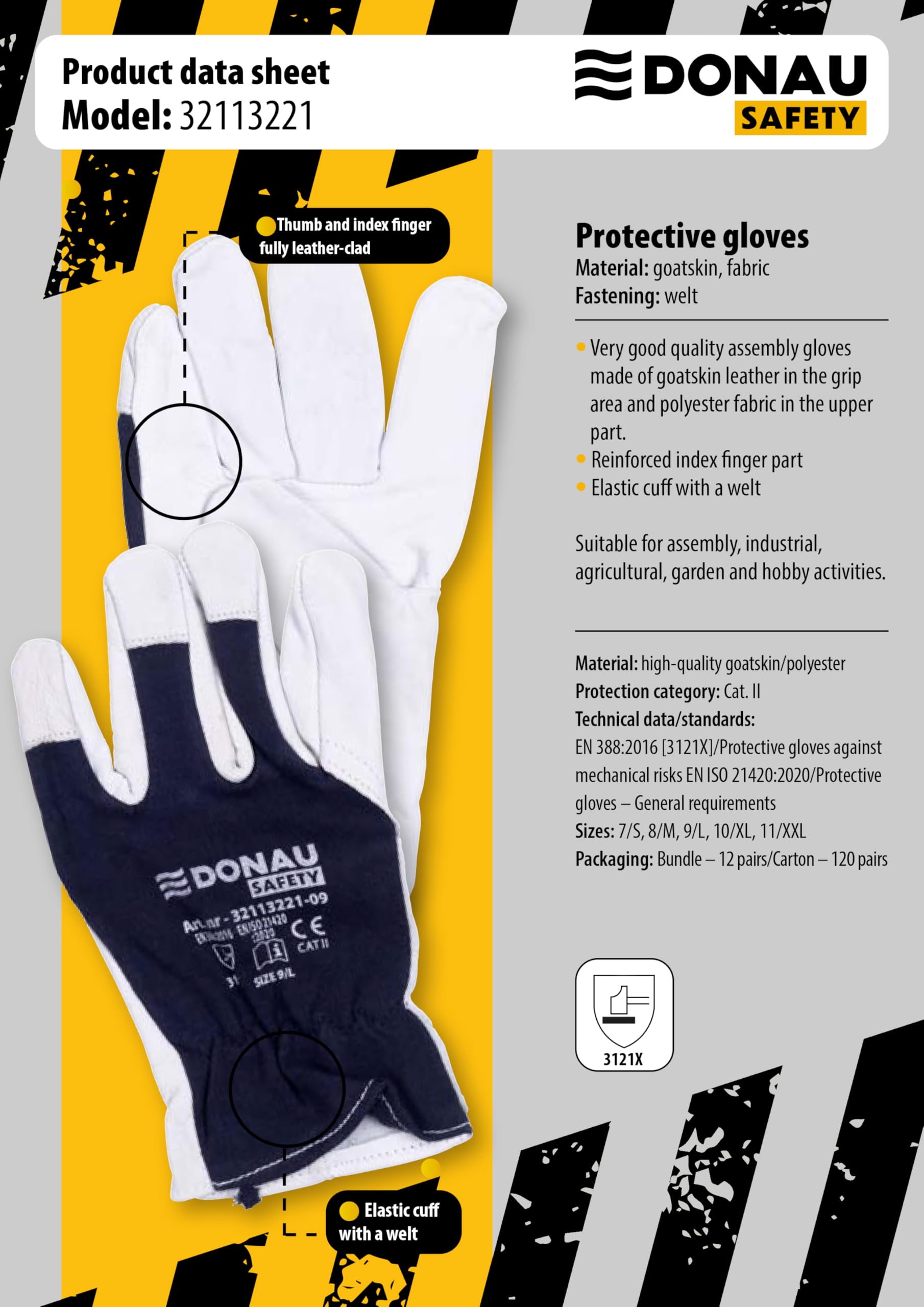 DONAU SAFETY Skórzane rękawice robocze z elastycznym nadgarstkiem/rozmiar 8 M/1 para/biało-ciemnoniebieskie/rękawice montażowe/miękkie i wygodne rękawice ochronne ze skóry koziej i tkaniny