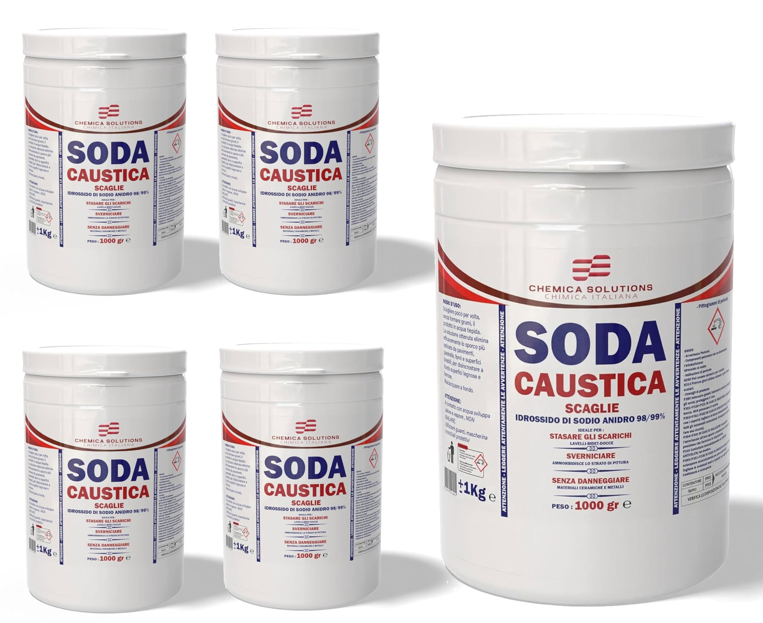 5 Barattoli da 1 Kg Soda Caustica Scaglie in barattoli Tappo con Linguetta a Sigillo, Disincrostante, Sverniciatore, Disgorgante per scarichi e water