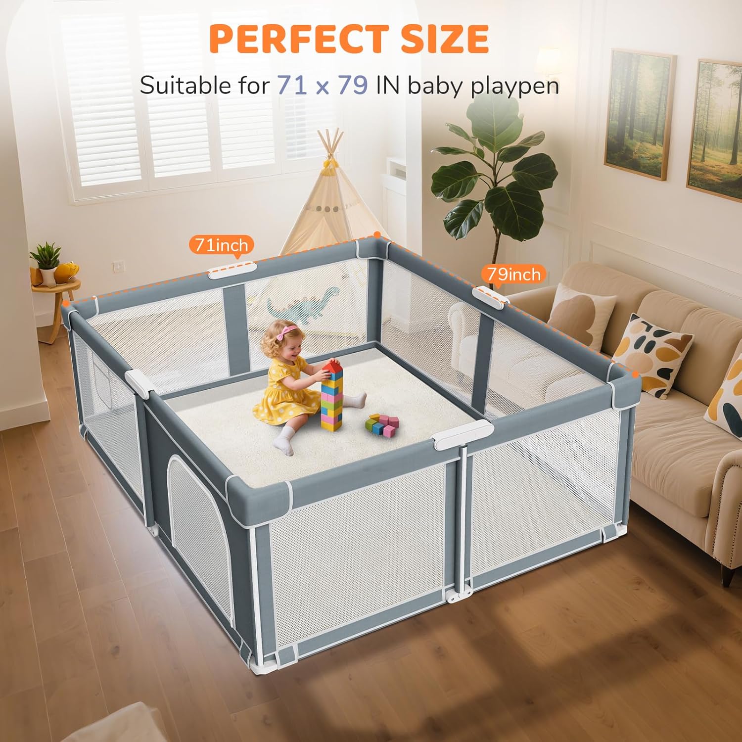Omzer Baby Play Mat for Floor - 1.3" Thick Foam 71x79 Inch Playpen Mats with Removable & Washable Cover for Tummy Time, Soft Coral Velvet & Non-Slip Crawling Pad for Babies, Toddlers, Infants - Khaki