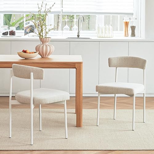 Miniatura 14 de Juego de 4 sillas de comedor de piel sintética beige, silla de cocina tapizada sin brazos, moderna silla de comedor con respaldo curvado Cuero