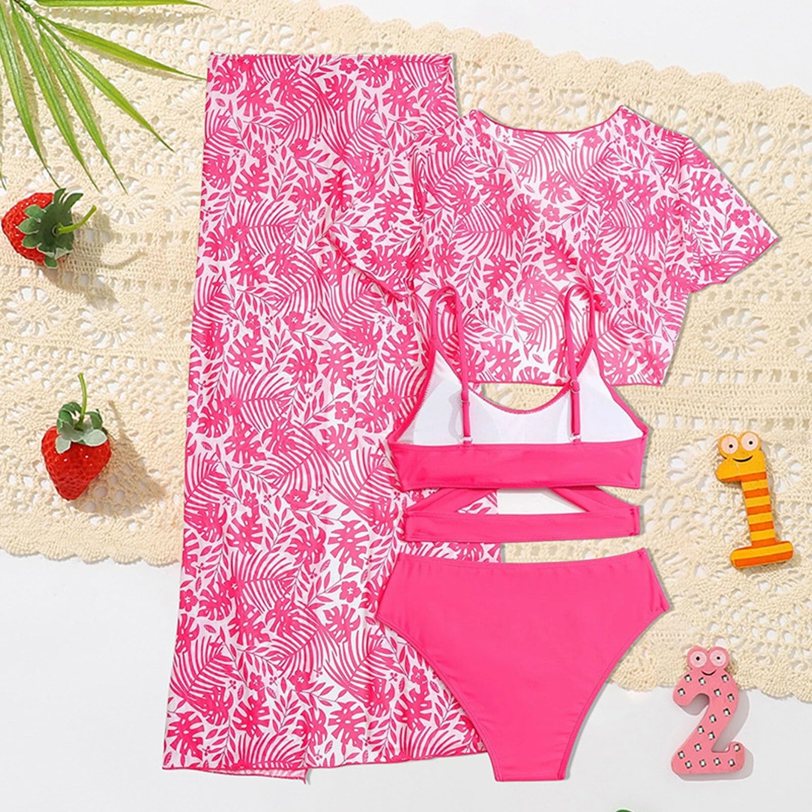Bikini Girls - Conjunto de baño de 4 piezas para niñas, bikini con funda, protector de rashguard y falda, traje de playa de verano para niños de 7 a 12 años, trajes de baño casuales
