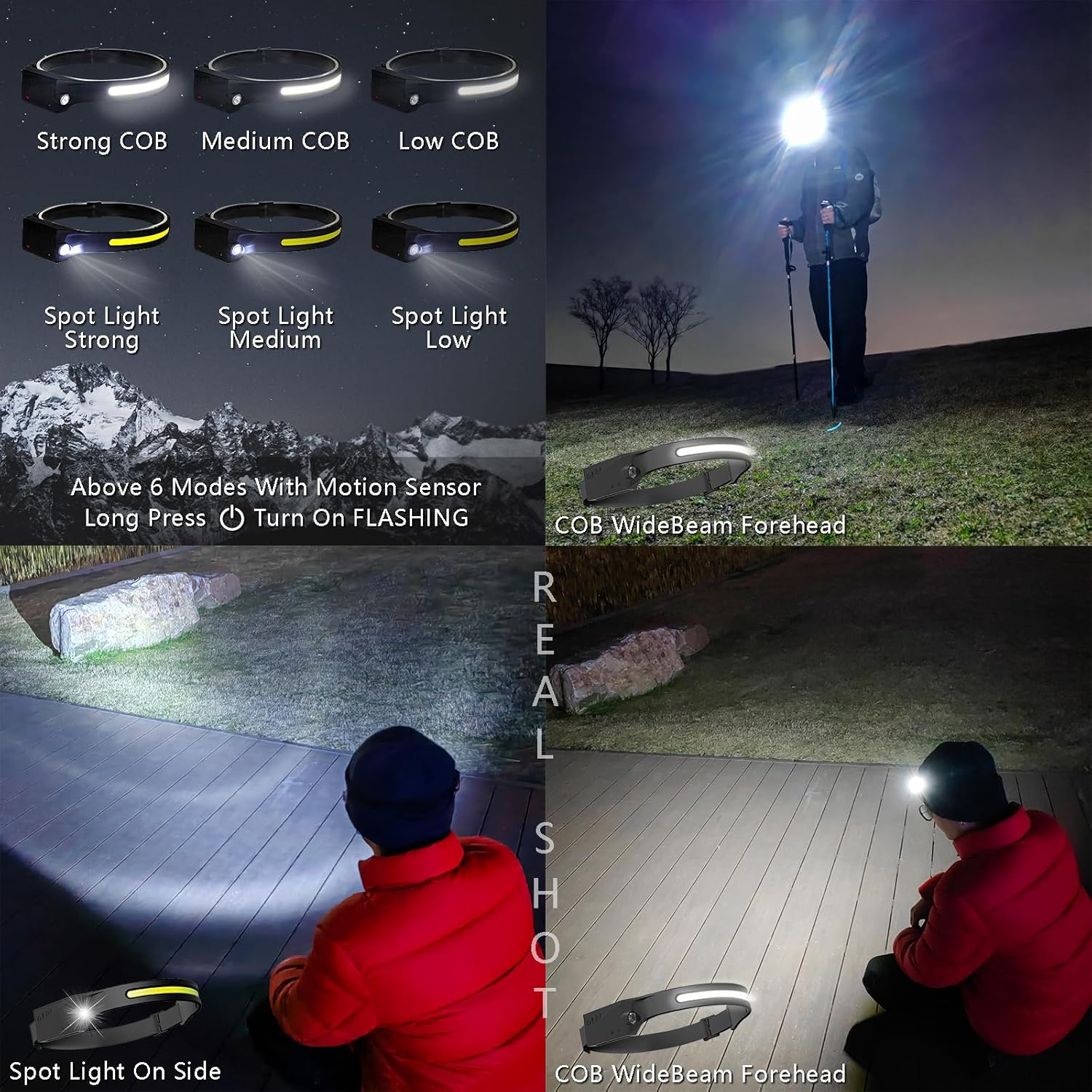 2-Pack Rechargeable HeadLamps Flashlight Motion Sensor, Built-in 2000mah Battery, 230°Widebeam Spotlight for Camping Accessories, Waterproof, Cycling, Running,Fishing, Hiking