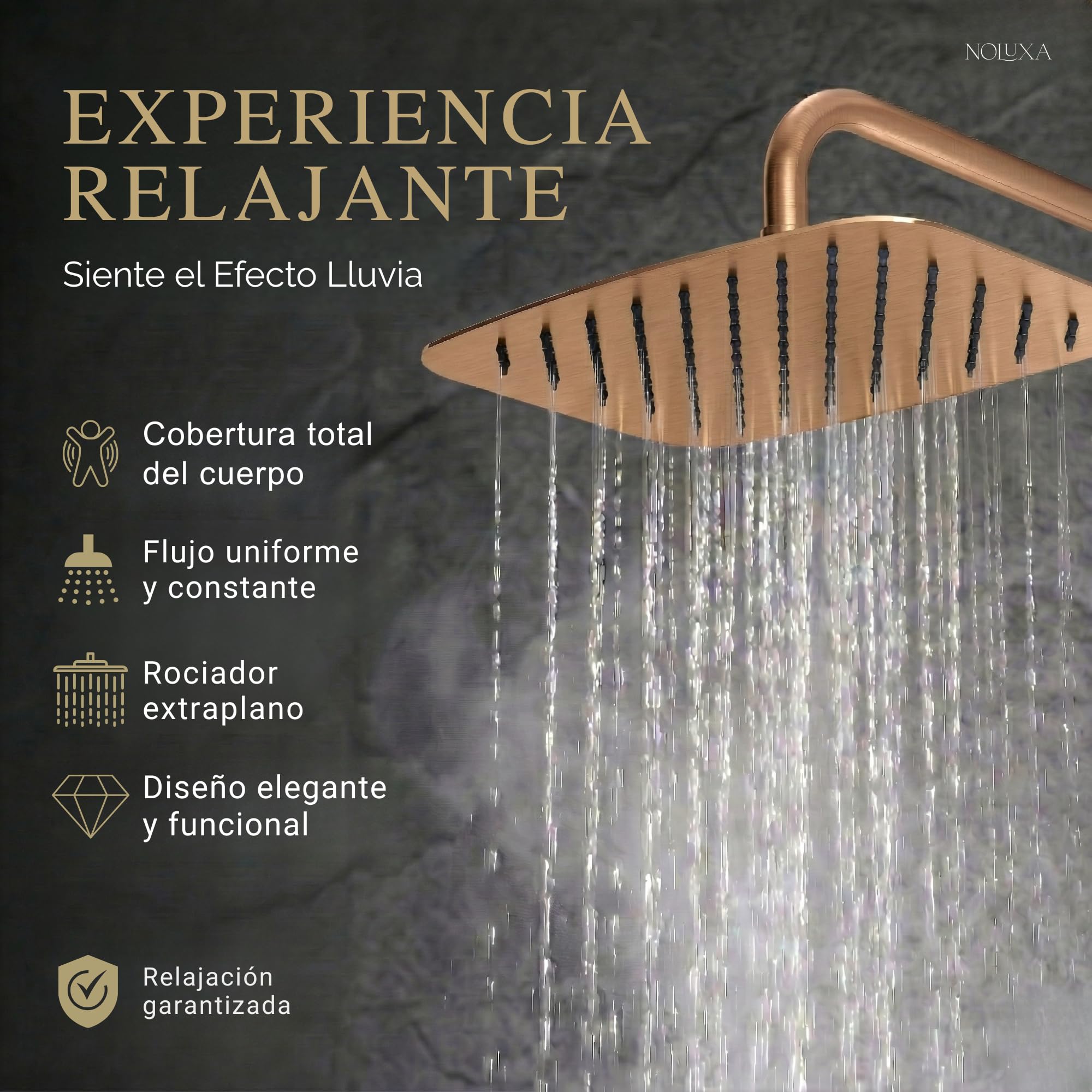 Imex - Colonne de douche thermostatique or rose avec robinet | Ensemble de douche avec pommeau et pommeau anticalcaire effet pluie | Robinetterie en laiton et acier inoxydable S.304 avec barre