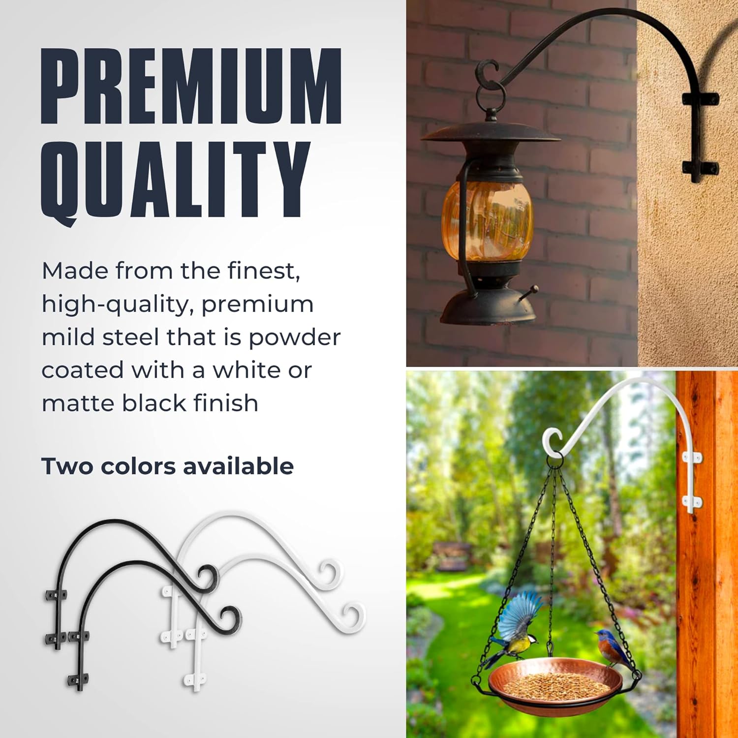 Monarch Abode Hanging Basket Hooks, Heavy Duty Metal Plant Hangers Outdoor or Indoor for Flower Basket, Wall Fence Hooks for Bird Feeder Bracket, Set of 2, 14-inch White Plant Wall Hanger