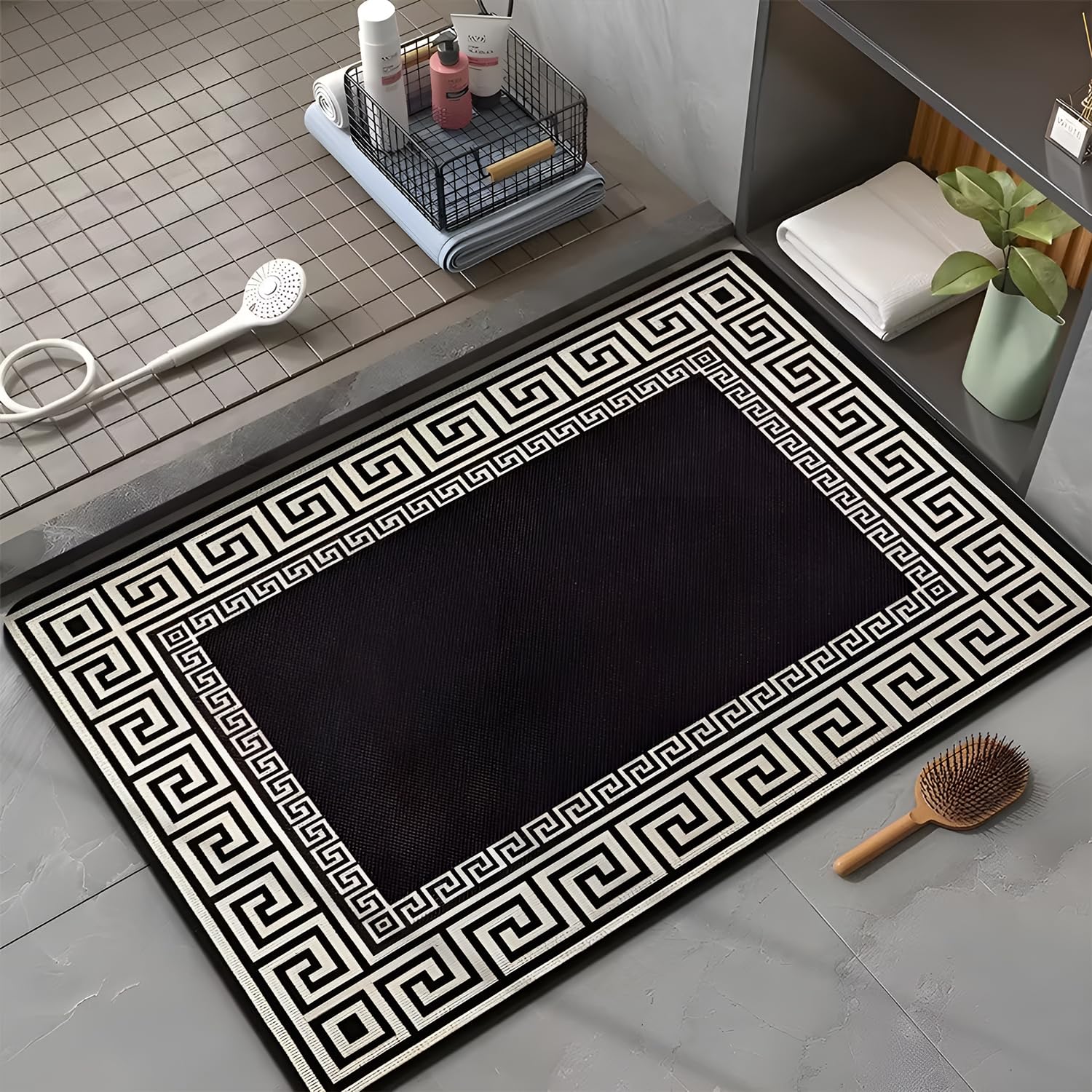 SYGA Non-Slip Black with White Greek Border Design Polyester Rectangle Bathroom & Door Mat – Quick-Dry, Absorbent & Anti-Slip Floor Mat, 45x75 cm-image-21
