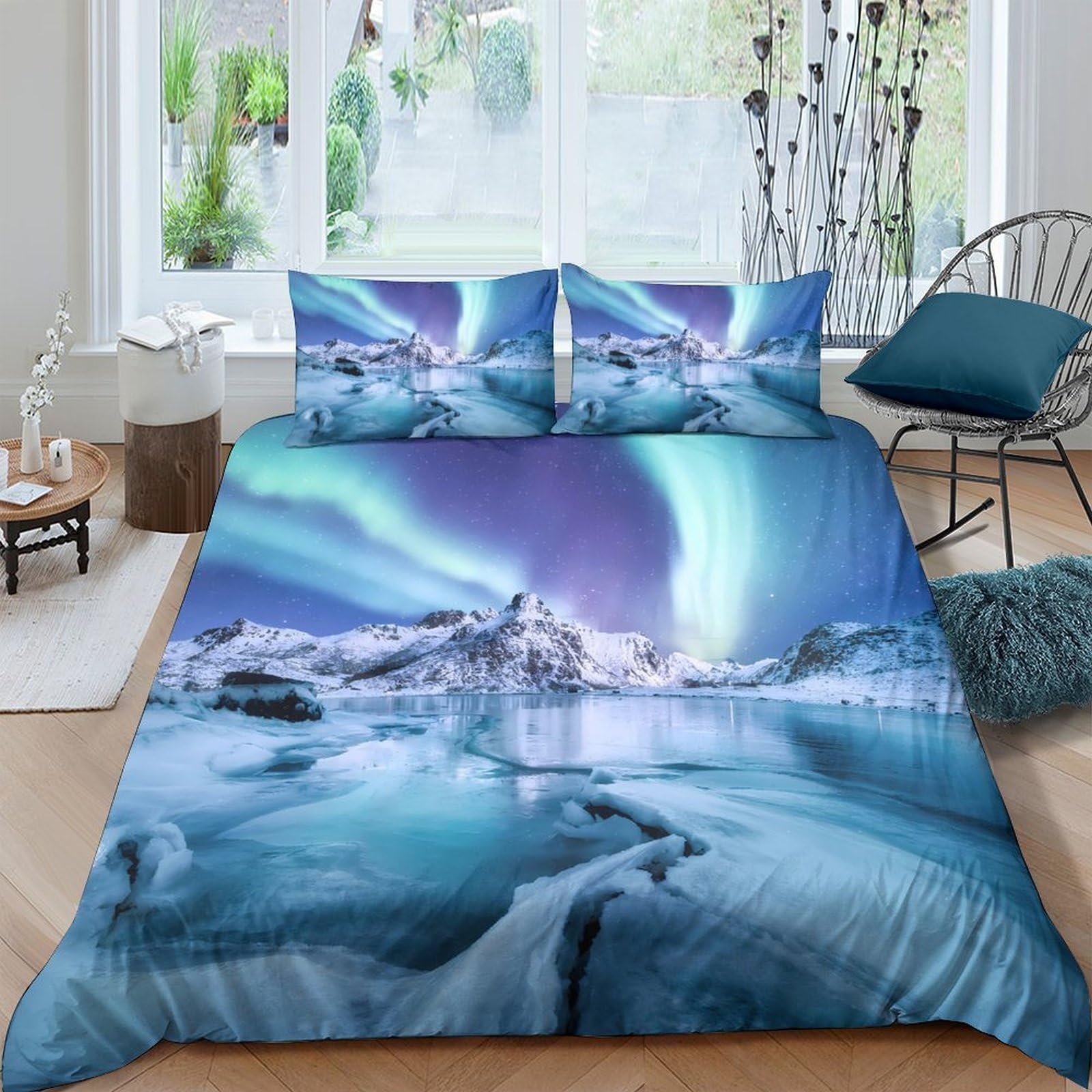 Ctjqhvkz Style-2 3D Printed Aurora Borealis Fitted Sheet Microfiber Soft Breathable Arctic Landscape Bed Cover For Bedroom Guest Room Decor Single（135X200cm）