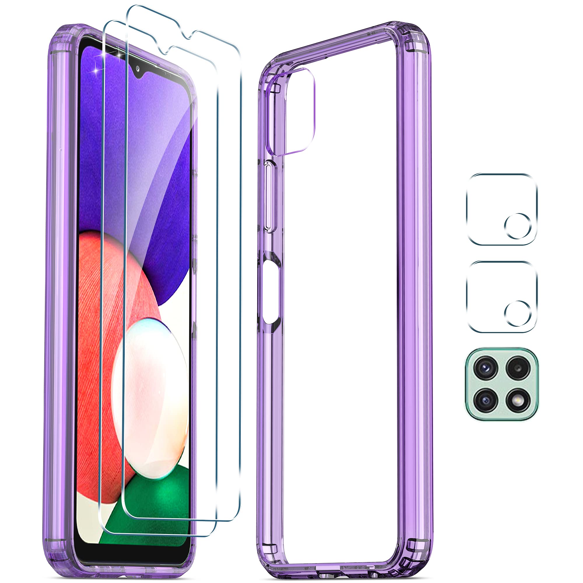 [5 in 1] WRJ for Samsung Galaxy A22 5G Case with Screen Protector [2 Packs] + Camera Lens Protector [2 Packs],Anti-Scratch Tempered Glass and Hard PC + Flexible TPU Frame(Purple)