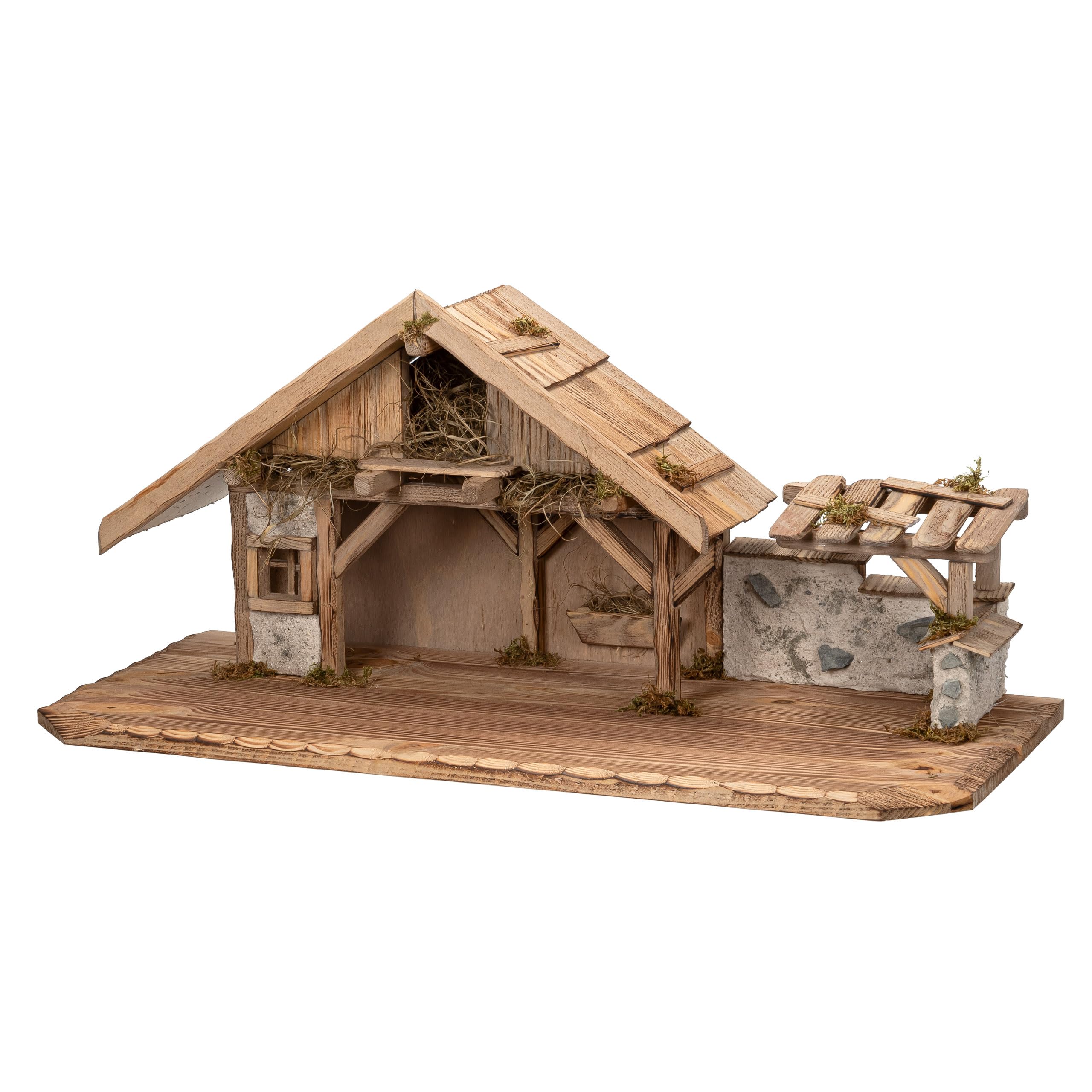 Bonetti Große Weihnachtskrippe | aus Holz und Gips gefertigt | mit Moos, Steinen und Stroh geschmückt | sehr detailreiche Krippe (ca. 70 x 30 x 31 cm (BxTxH))