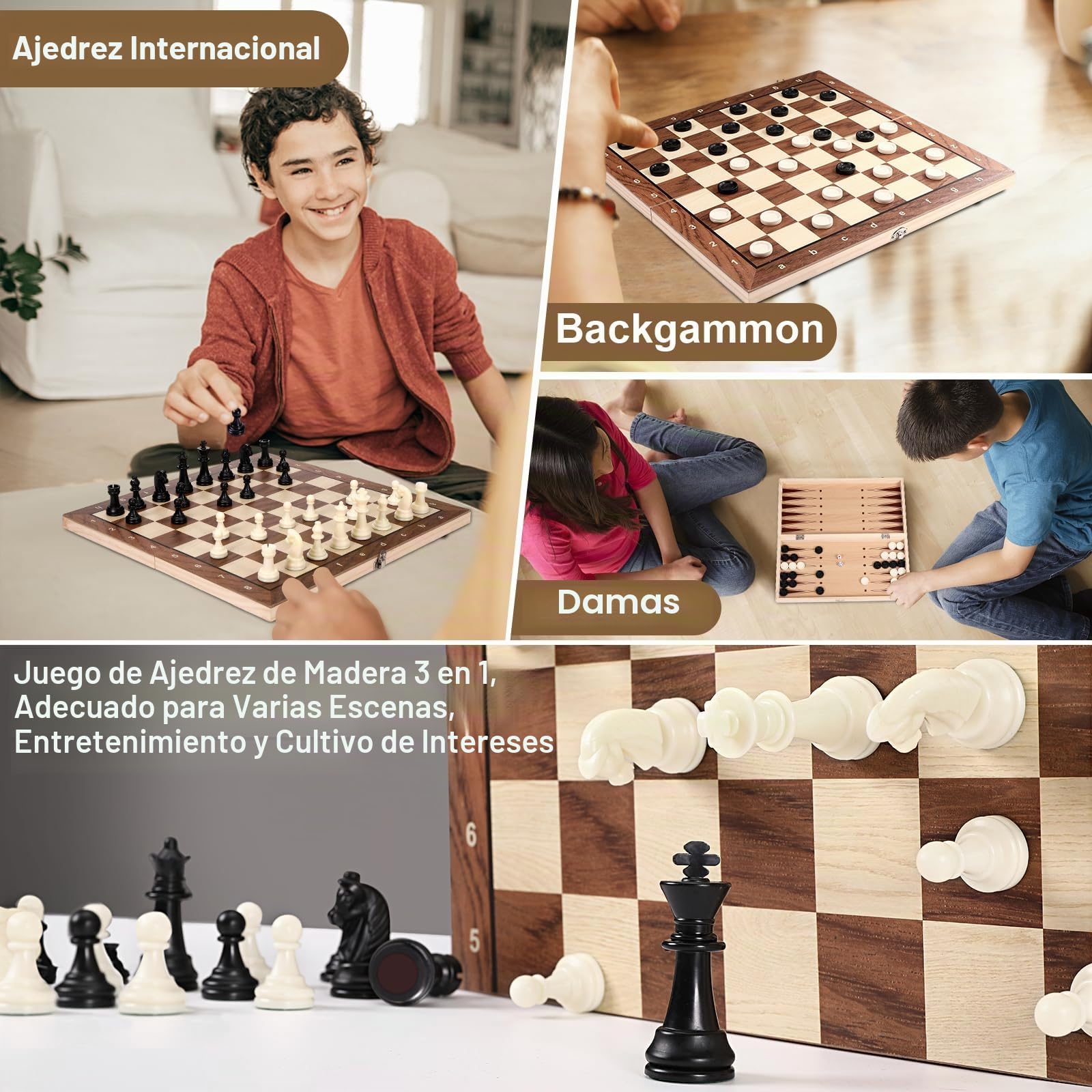 Mkitnvy Ajedrez Magnetico, 3 en 1 Ajedrez Madera Juego de Ajedrez Backgammon Damas, Portátil Plegable Tablero Ajedrez, Chess Board para Niños y Adultos Viaje (39×39cm), CX-GJXQ-39