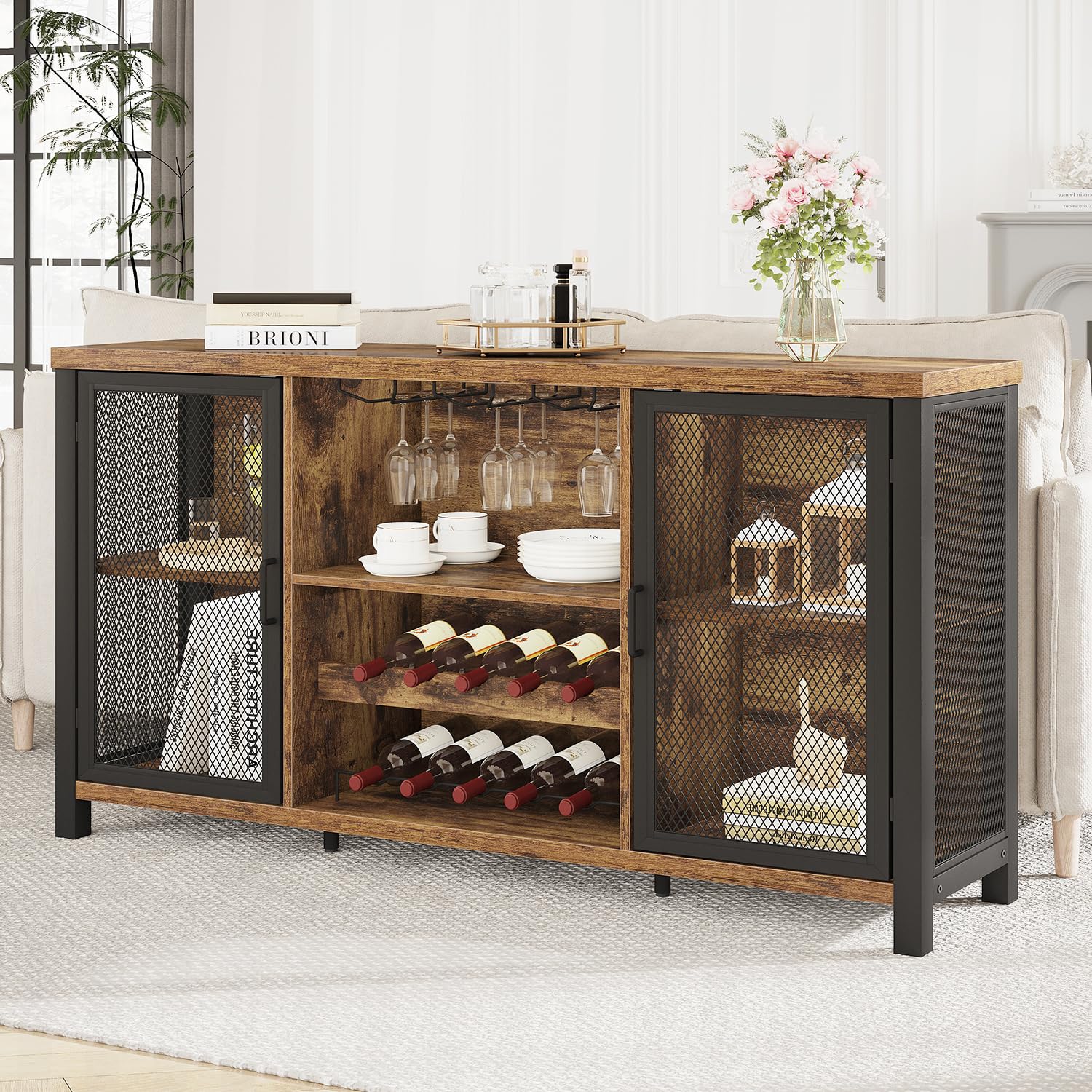 Launica Armoire de bar à café industrielle, armoire de bar à vin pour liqueur et verres, armoire à liqueur avec casier à vin, buffet en bois et métal pour la maison, la cuisine, la salle à manger