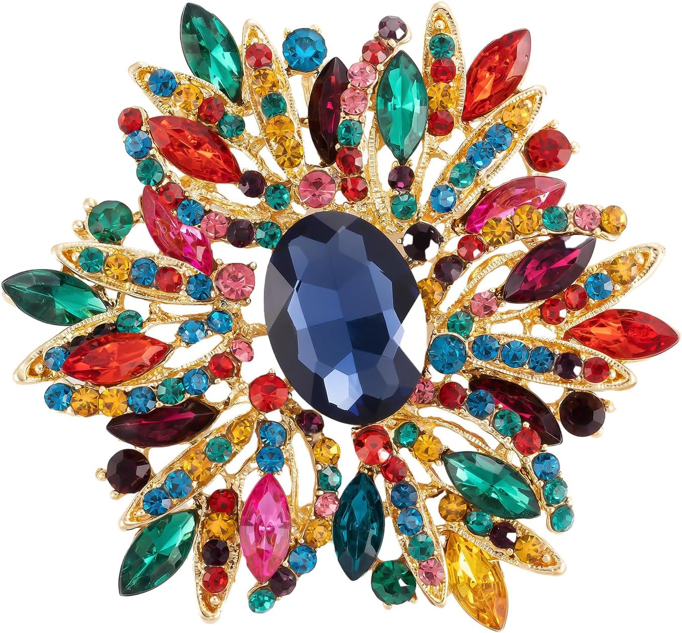 SELOVO 3.5" Huge Big Large Brooch Pendant Scarf Hats Decoration Blue Flower Pin Gold Tone