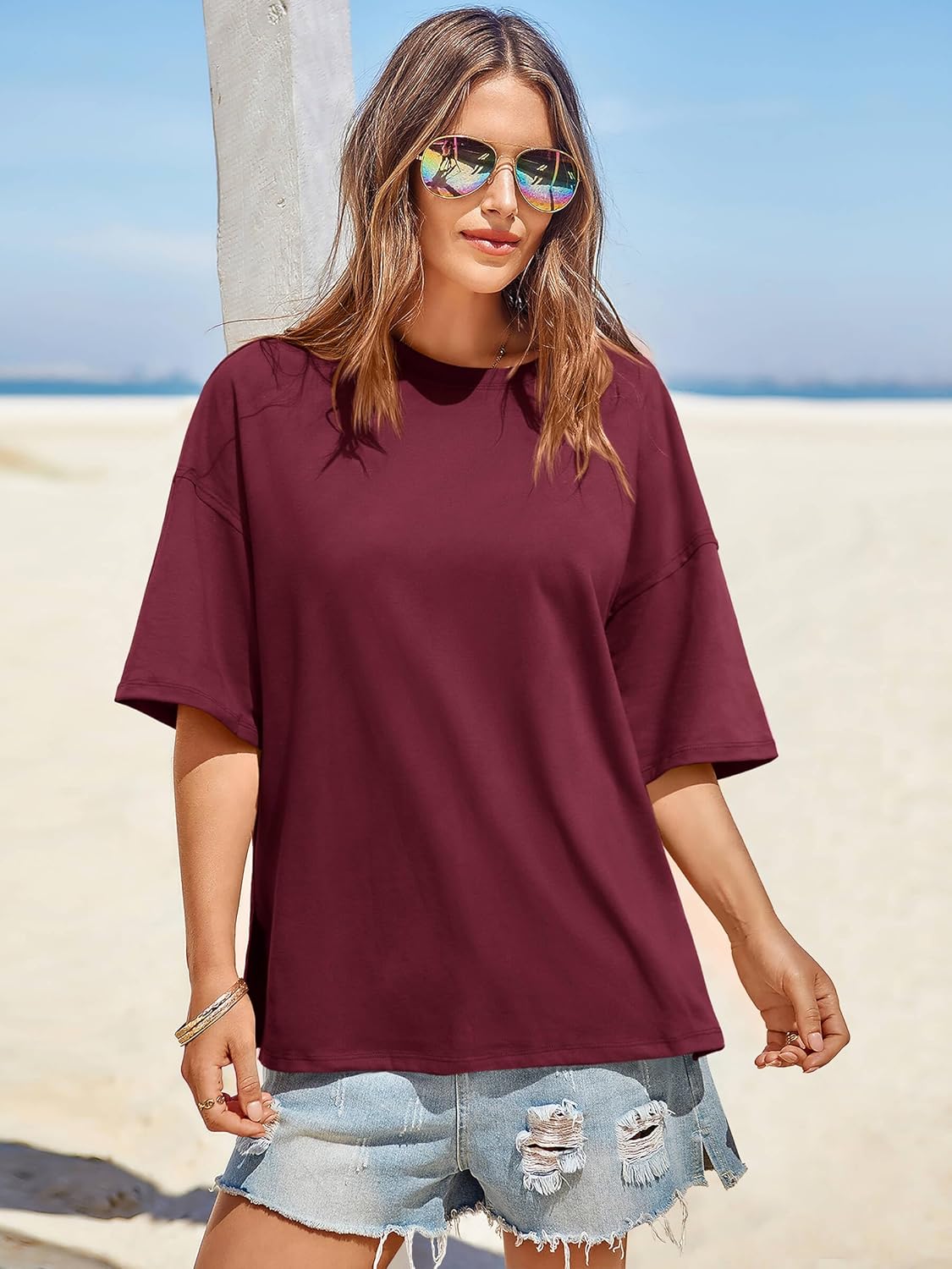 Tankaneo Womens Oversized Tshirts Summer Casual Short Sleeve Crew Neck T Shirt Loose Fit Side Slit Tee Tops - Image 2