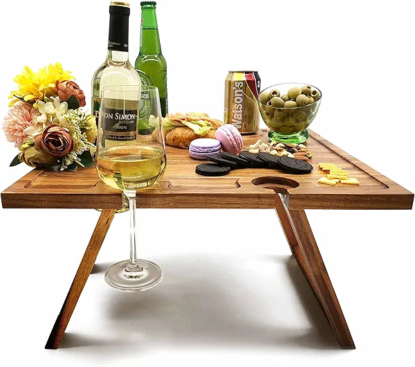 SASIDO Portable Wine Picnic Table, Acacia Wood, Larger Tray Foldable, Charcuterie Board, Wine Gift, Decor for Romantic Camping, Engagement Party, Concerts, Glamping, Autumn Adventure