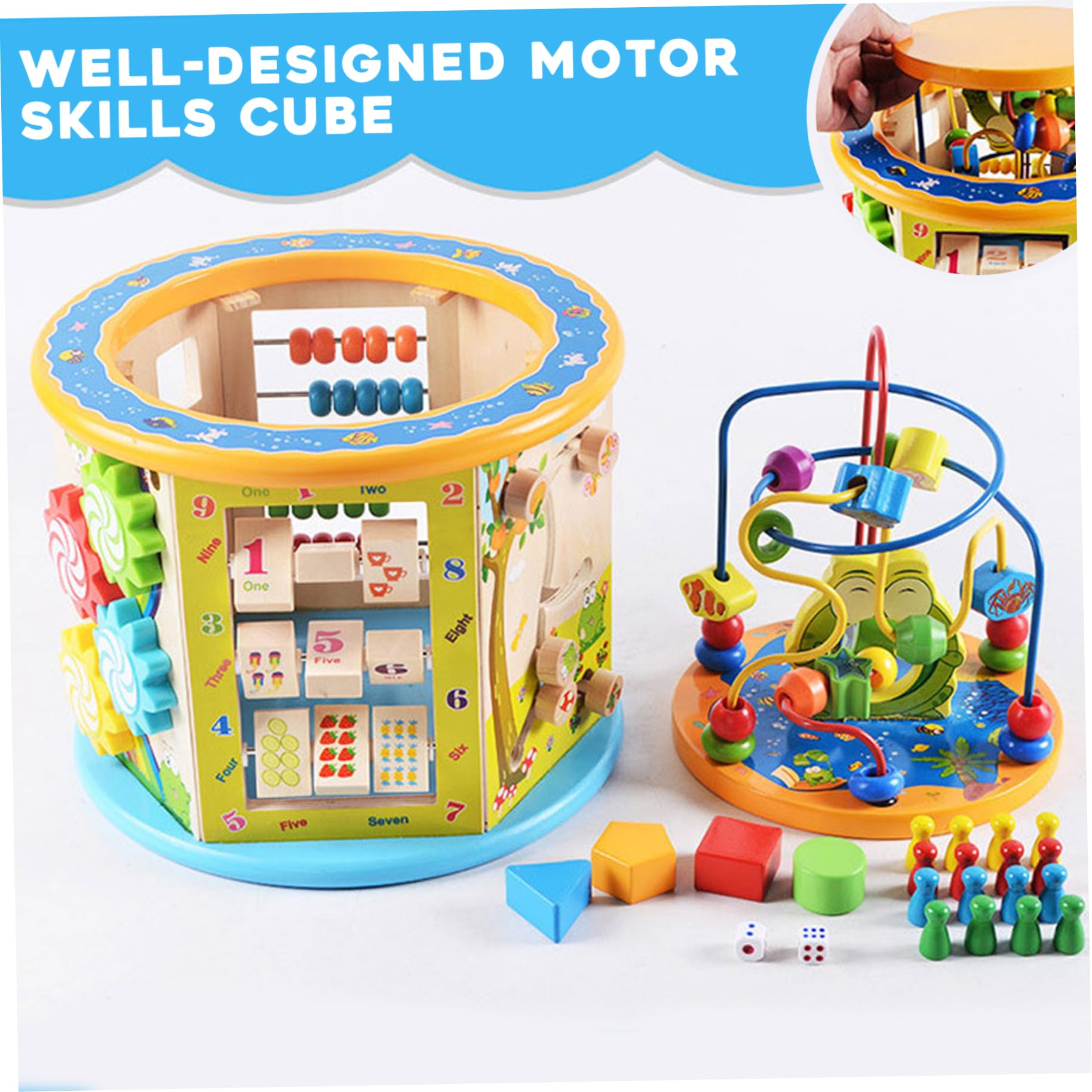Holz-Baby-Aktivitätswürfel, Montessori-Spielzeug mit Perlenlabyrinth-Formsortierer, Abakus für Kleinkinder