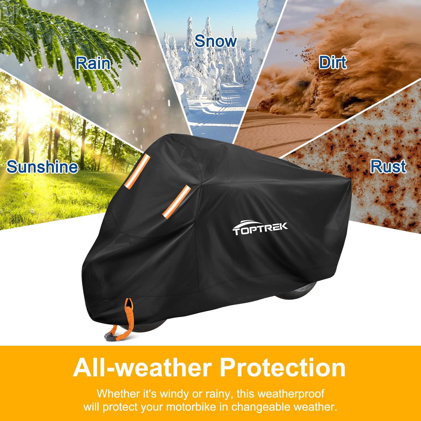 toptrek Motorbike Cover, 210D Oxford XXL Motorcycle Cover Waterproof with Orange Lock Holes and Windproof Buckles, Dustproof UV Protection Scooter Moped Cover for Motorbikes (96.5 x 41 x 50inch) — view 6