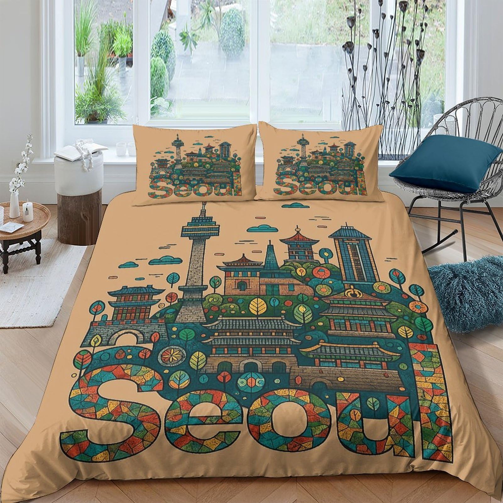 TUFRTGYHN 3D Printed Seoul Cityscape Duvet Cover Microfiber Soft Breathable Urban Skyline Bedding Set with 2 Pillowcases for Bedroom Decor Single（135x200cm）