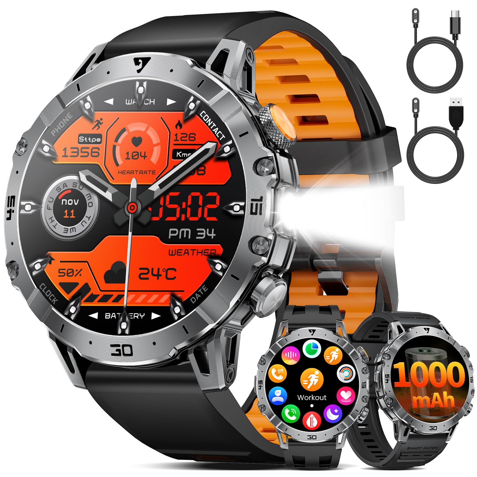 SUNKTA Smartwatch Herren 1000 mAh großer Akku 1,7″ HD Bluetooth Anrufe Männer Smartwatch für iOS Android mit LED Taschenlampe,Herzfrequenz/Schlafmonitor/Schrittzähler,3 Armbänder,2 Ladegeräte,Schwarz