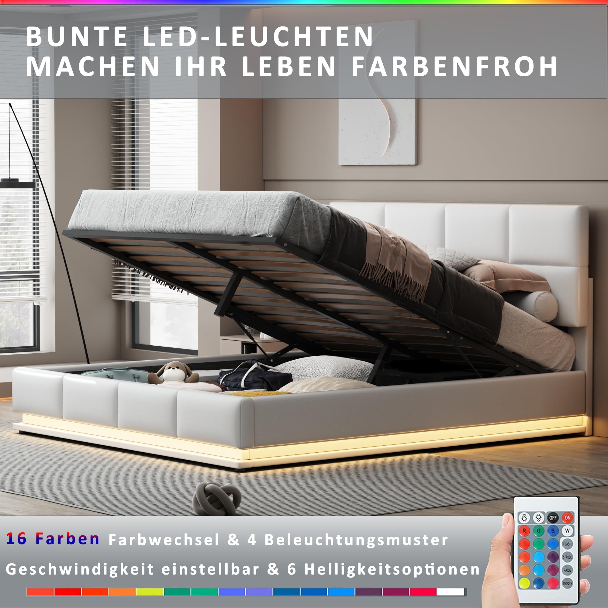 Merax Cama acolchada hidráulica de 180 x 200 cm, con espacio de almacenamiento, cama con iluminación LED, para jóvenes, adultos, piel sintética, color blanco (sin colchón)
