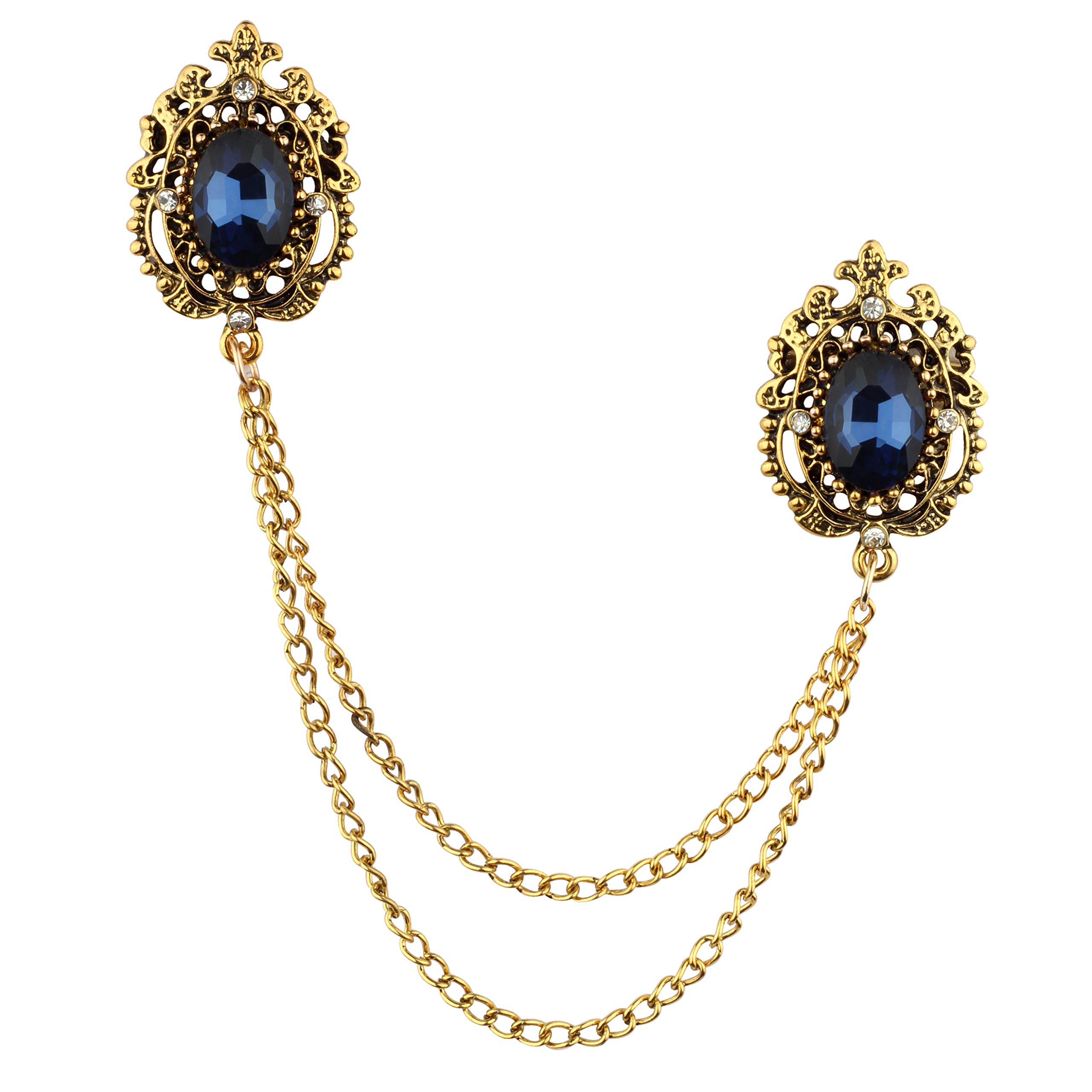 PANJATAN Jazzy Blue Crystal Brass Romanian Pattern with Golden Chain Pin Brooch for Men and Women (B081X35M57) Amazon Price History, Amazon Price Tracker