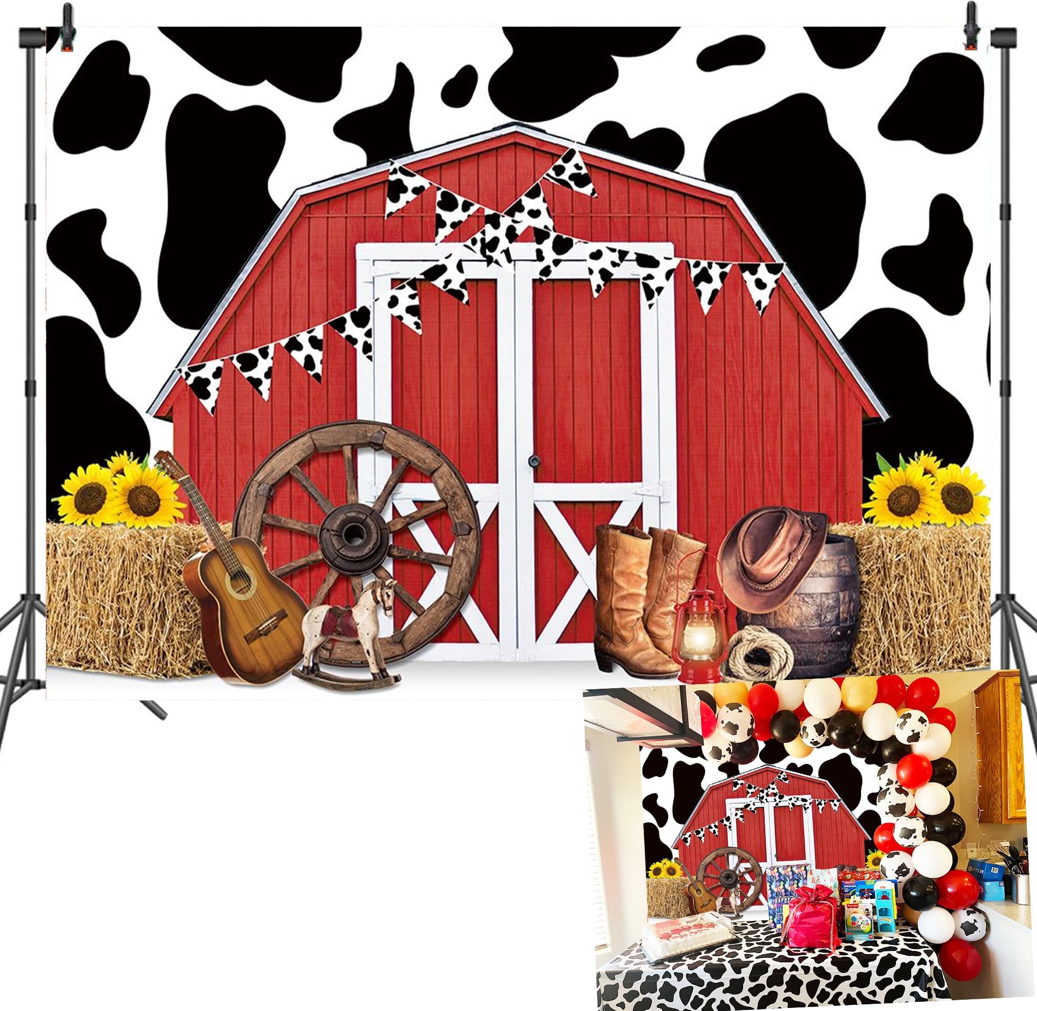 Farm Birthday Backdrop 7x5ft - Red Barn Door, Farm Animals Theme For Party & Photography